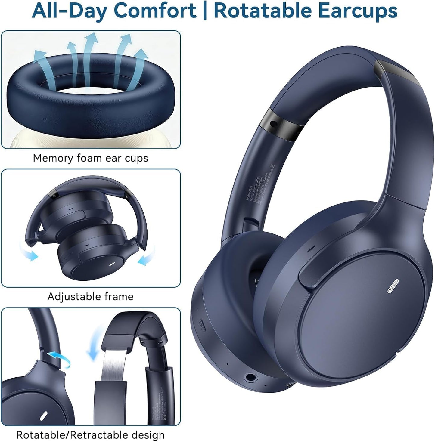 Auriculares inalámbricos ANC híbridos sobre la oreja, tiempo de rep...