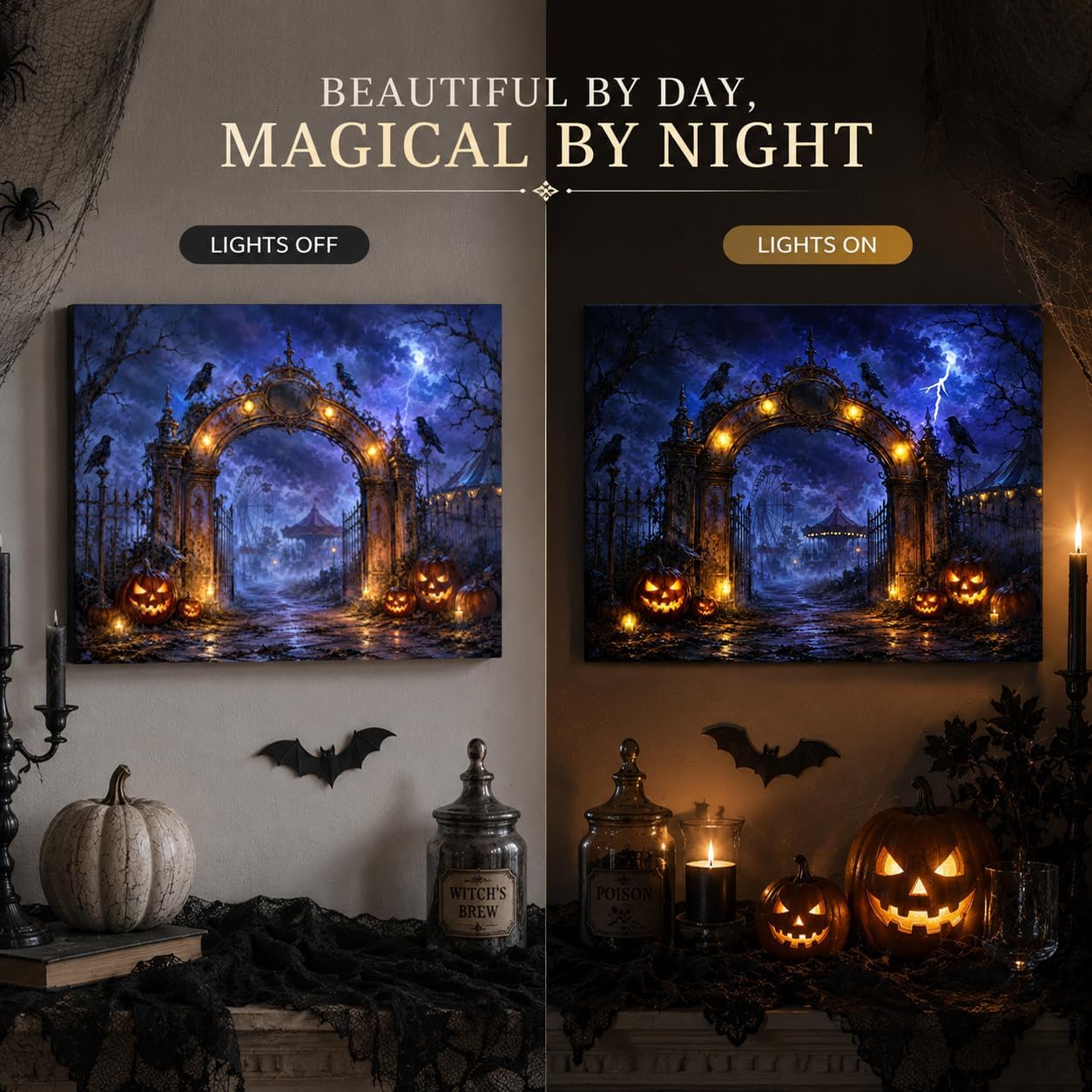 Artiluxy Lienzo decorativo LED de Halloween, parque de atracciones...