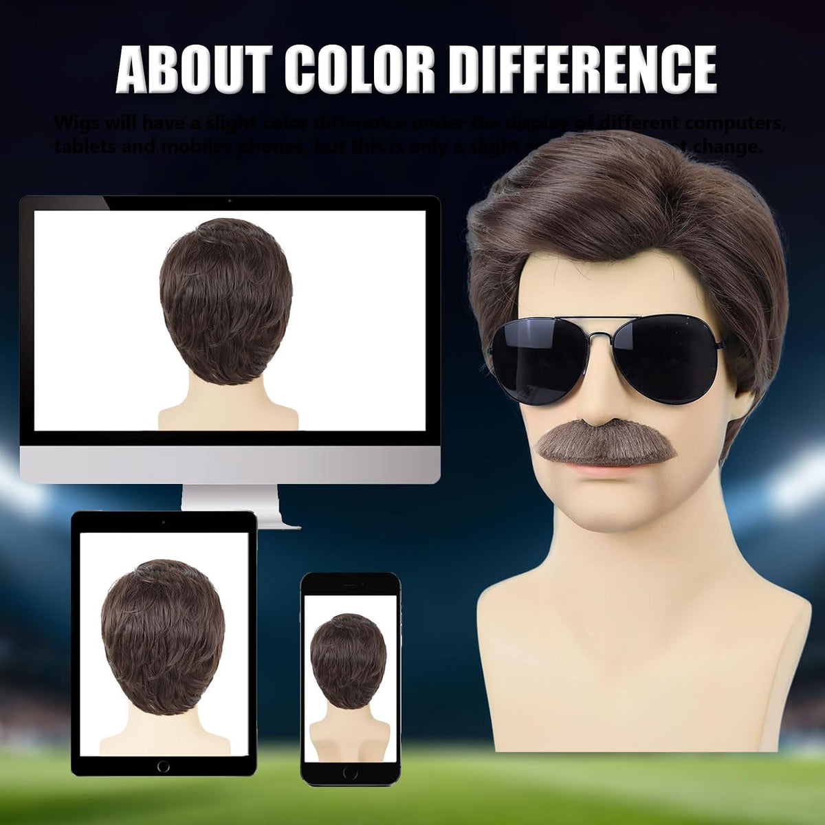 Wallden Hair Peluca corta marrón para hombre, bigote, lentes de sol...