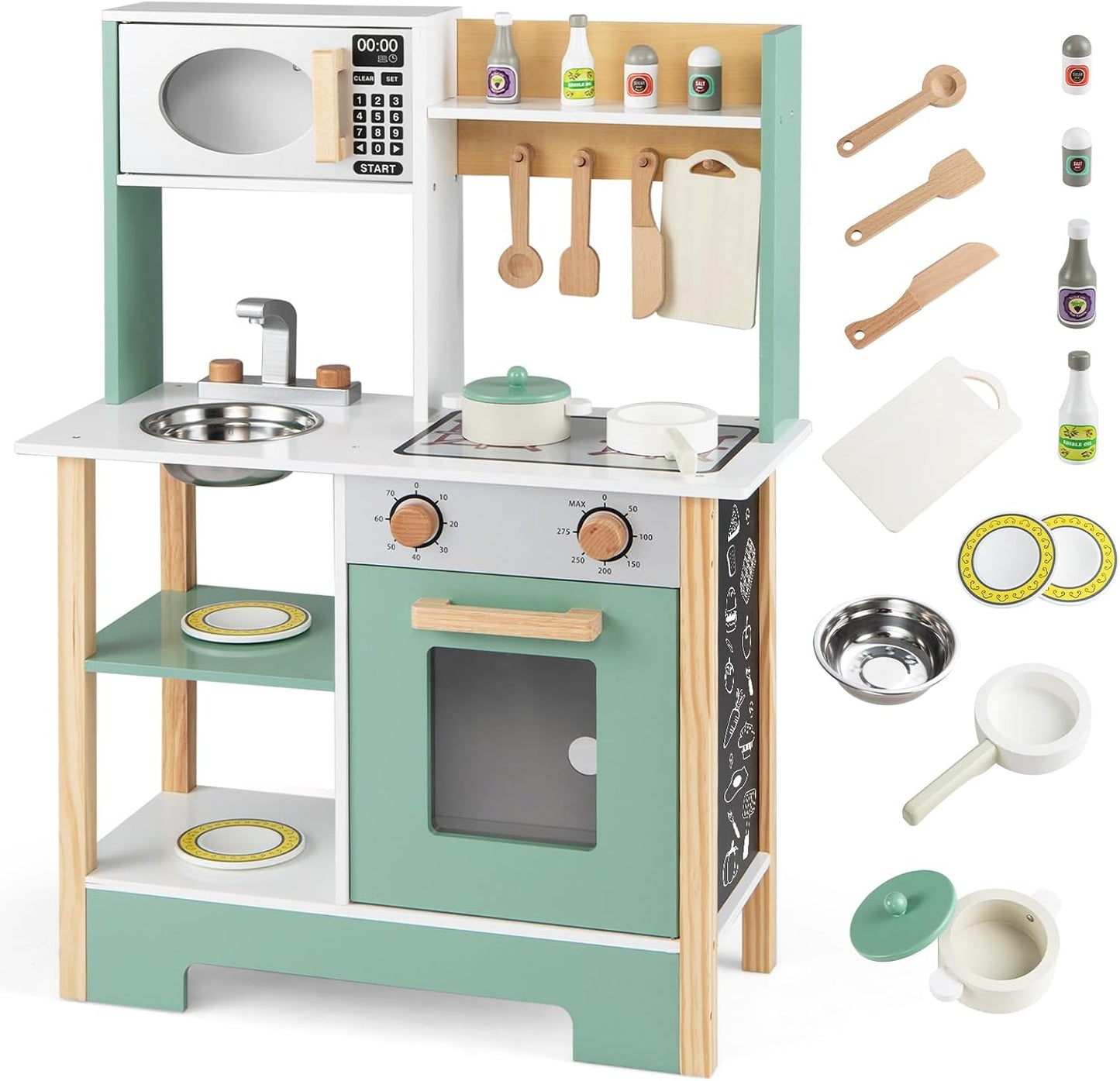 HONEY JOY Juego de cocina con pizarra, juego de cocina de madera pa...