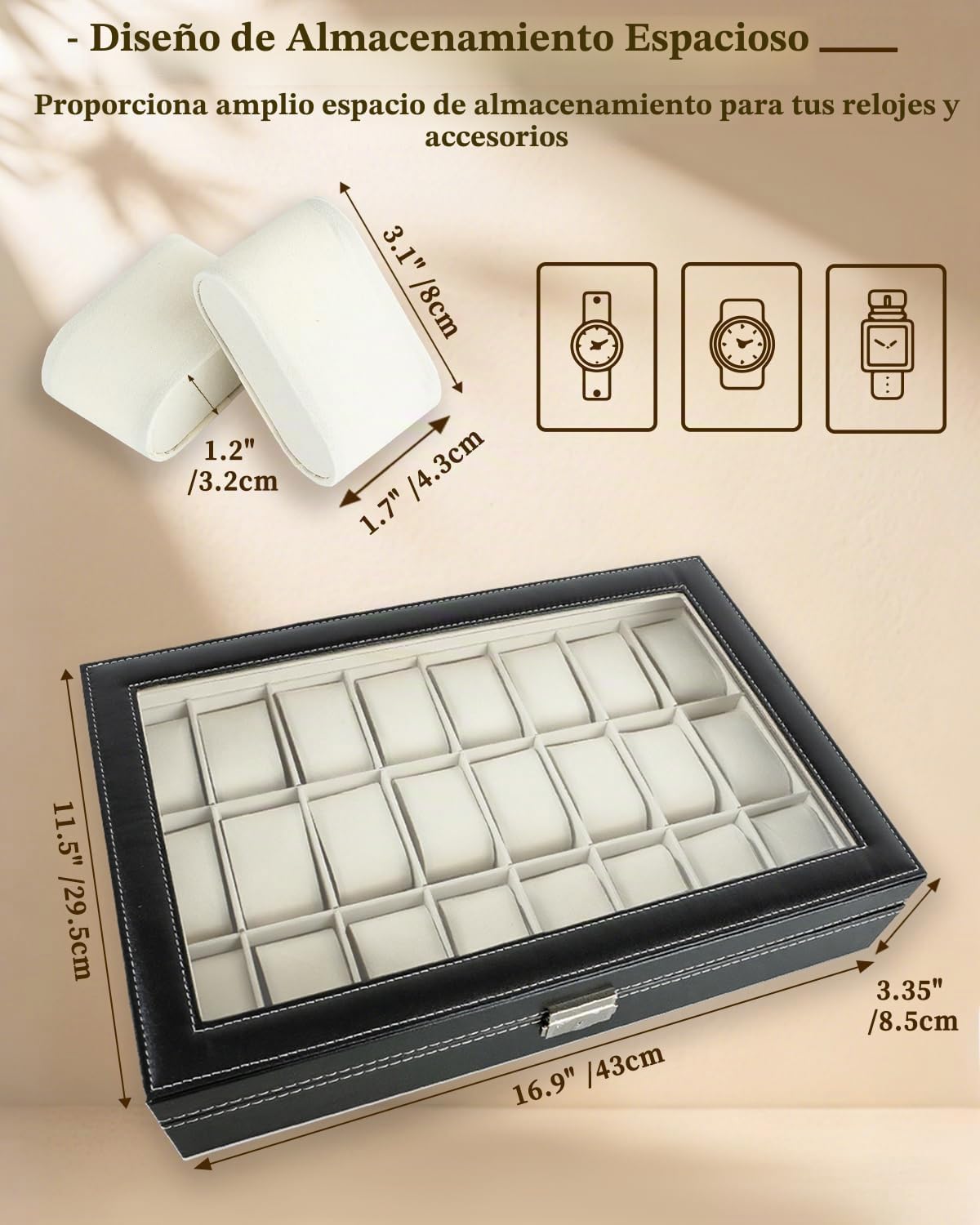 ATPEAM - Caja organizadora de 24 ranuras para reloj con tapa de cri...