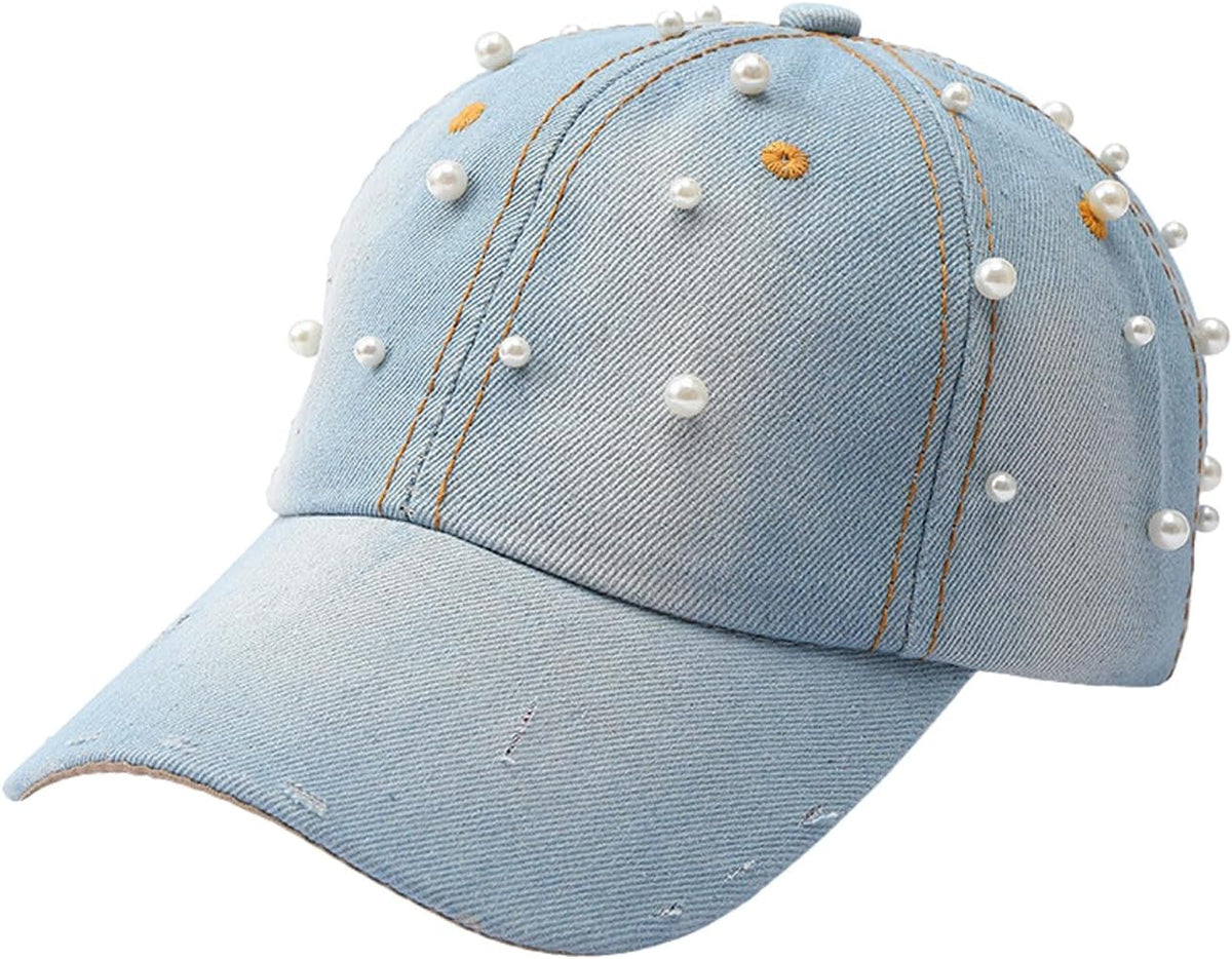Qkxbxk Gorra de béisbol de mezclilla con perlas para mujer, ajustab...