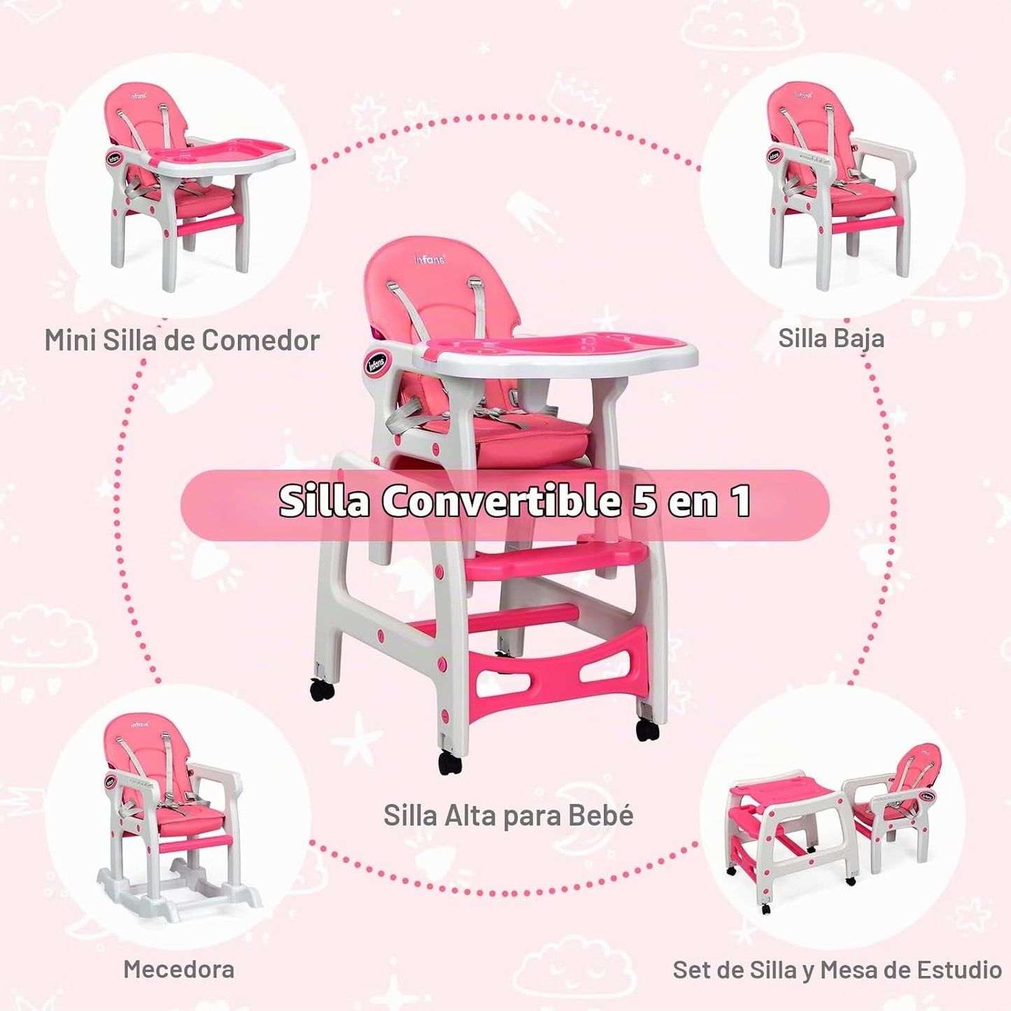 INFANS 5 en 1 Silla Alta para Bebé, Juego de Silla y Mesa Convertib...