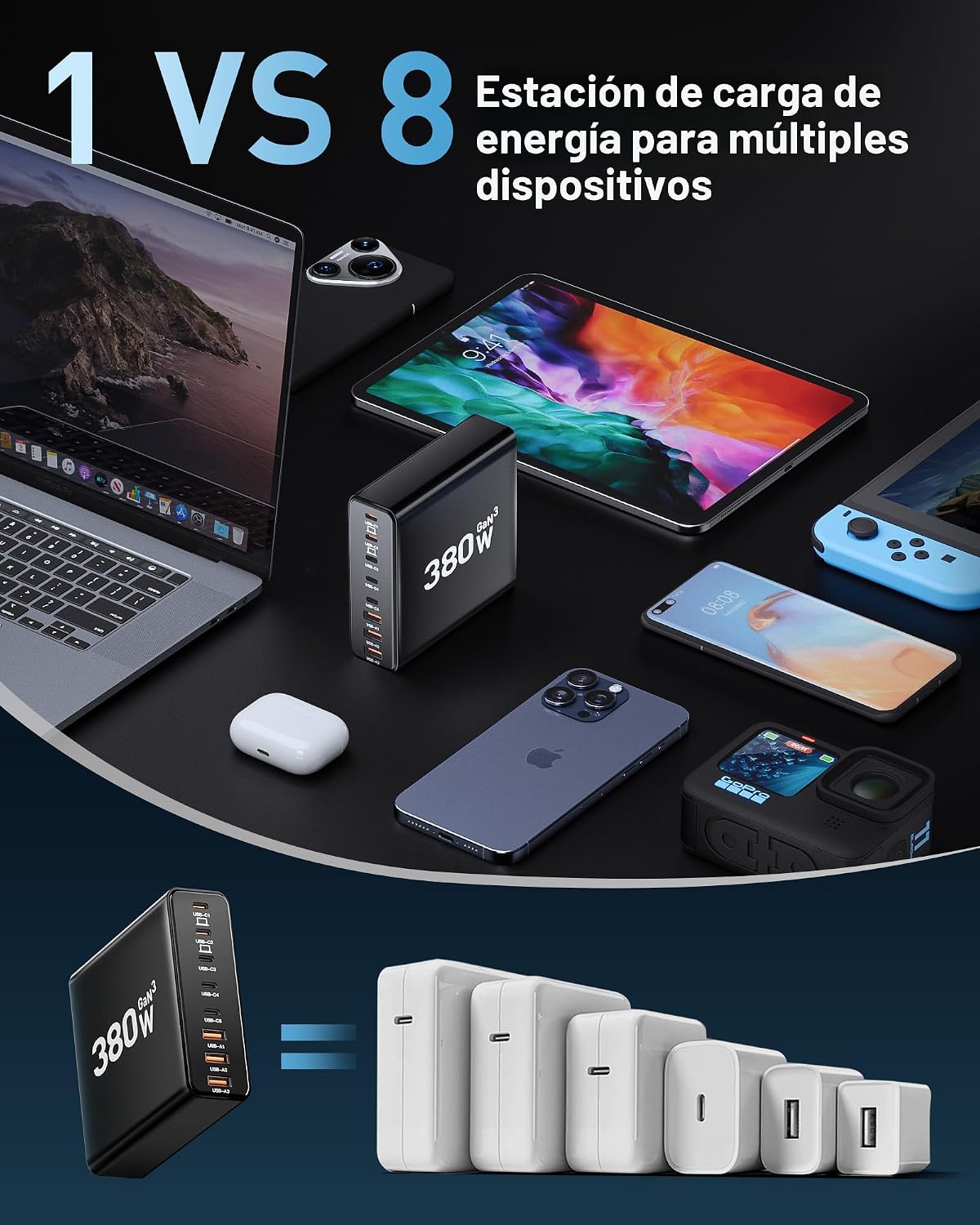 Bloque de cargador USB C de 380 W con 4 cables USB Estación de carg...