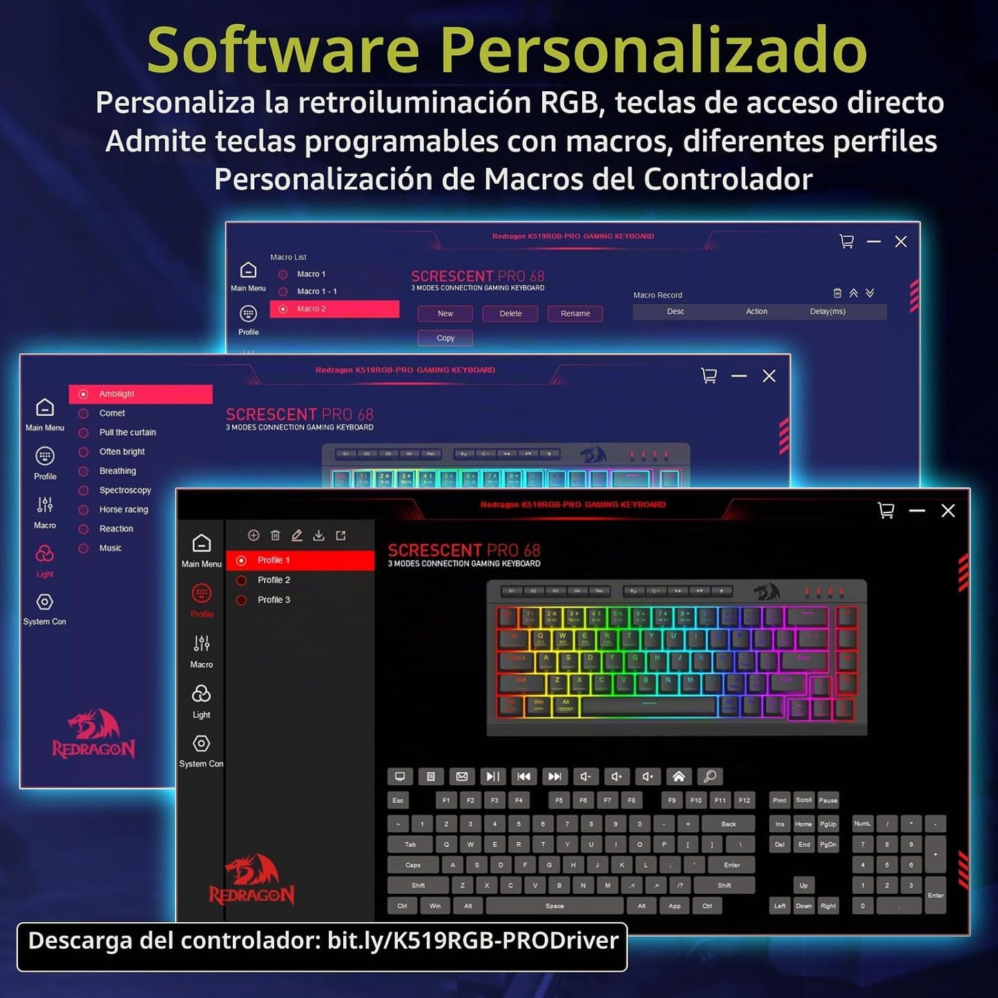 Redragon Teclado Gaming Inalámbrico Portátil, Bluetooth\/2.4GHz\/US...