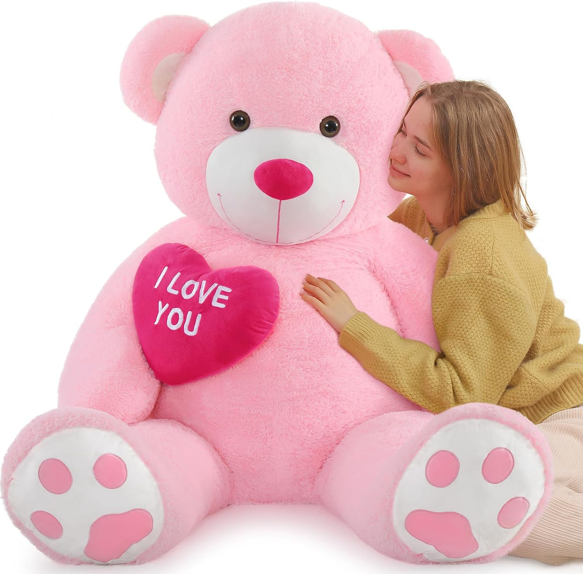 BENINY Oso de peluche gigante rosa de 52 pulgadas con corazón, pelu...