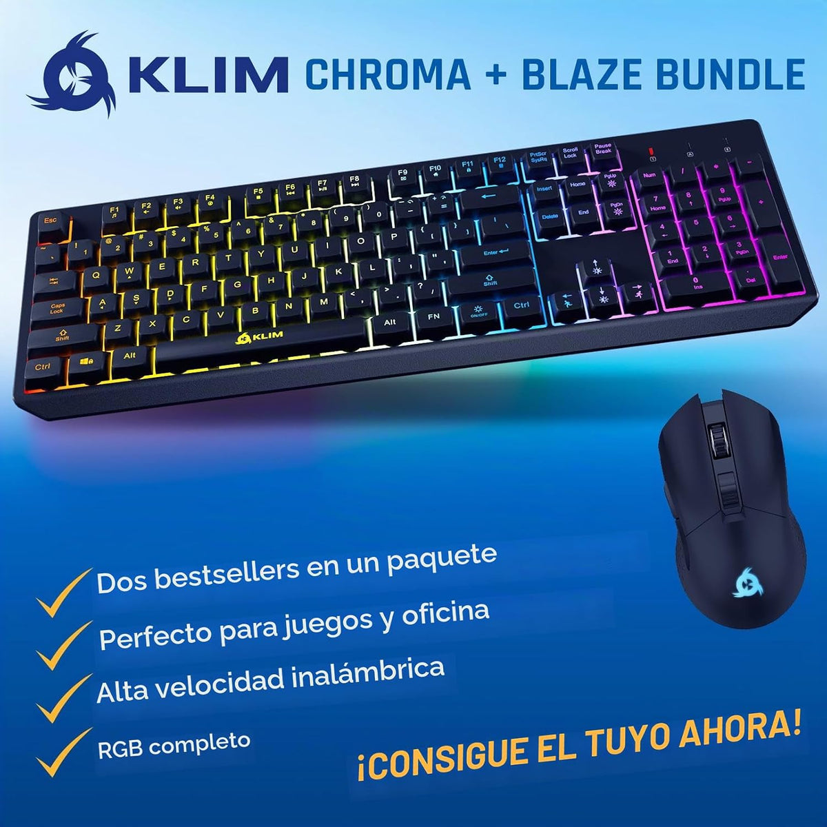 KLIM Teclado y mouse inalámbricos Chroma - Combo de juegos con retr...
