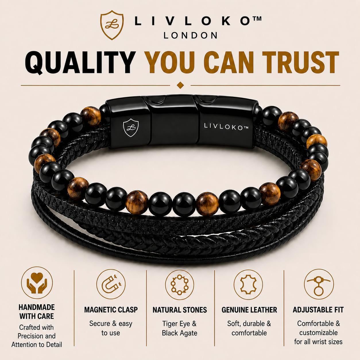 Pulsera de cuero para hombre LIVLOKO LONDON, negra, multicapa, con...