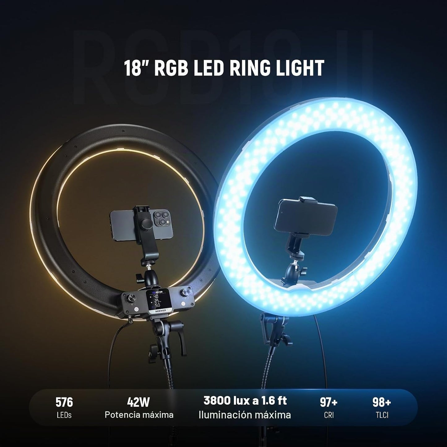 NEEWER - Anillo de luz LED RGB de 18 pulgadas con control por aplic...