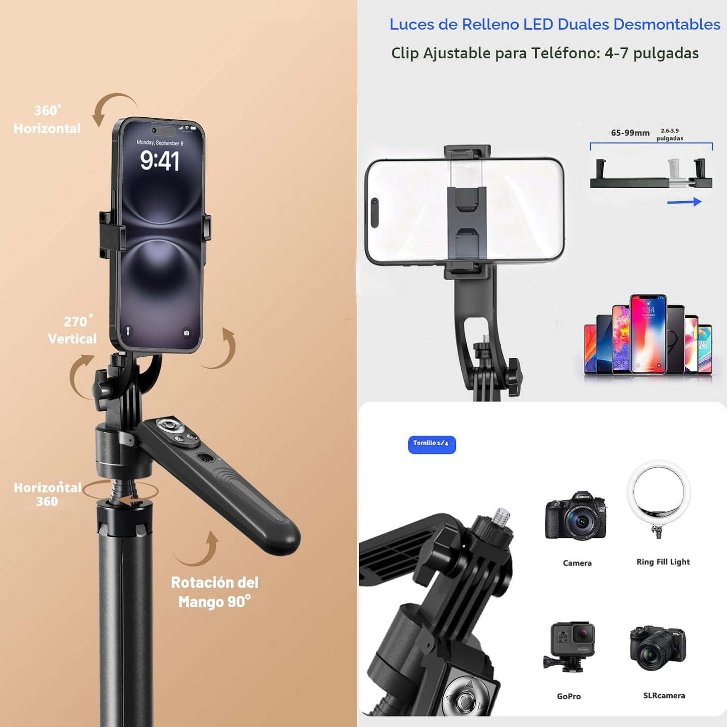 Trípode de seguimiento facial automático para iPhone con luz, palo...