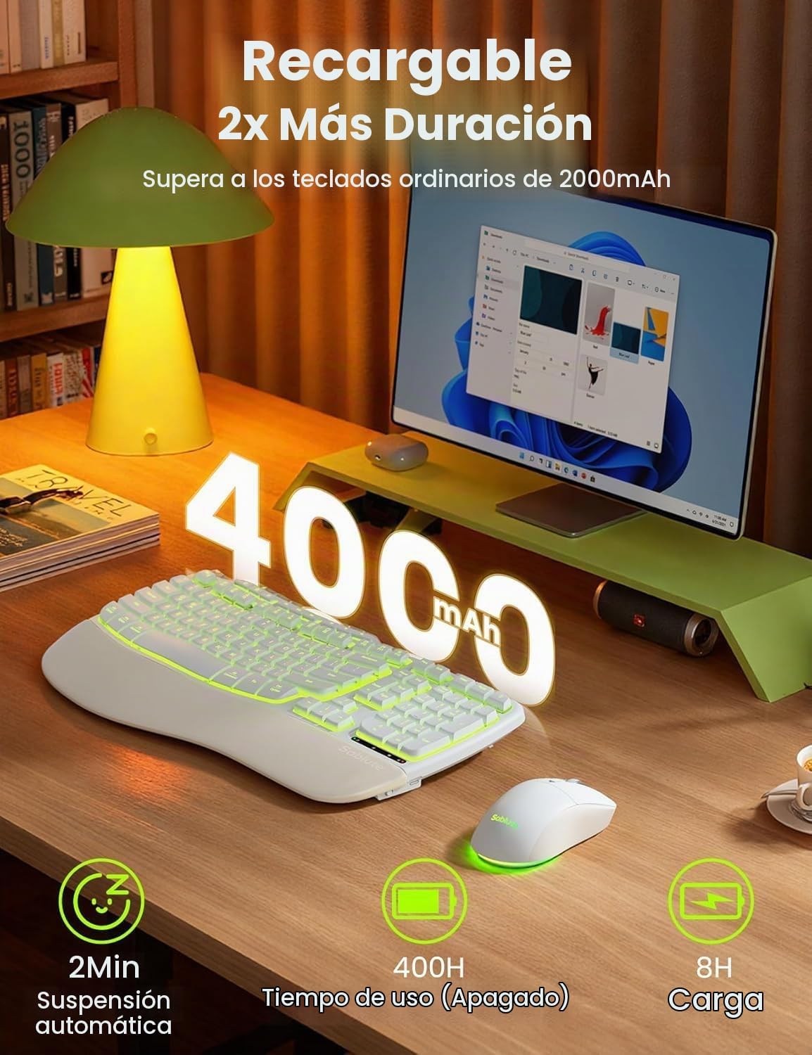 Combo de teclado y mouse inalámbricos blancos, juego de teclado erg...