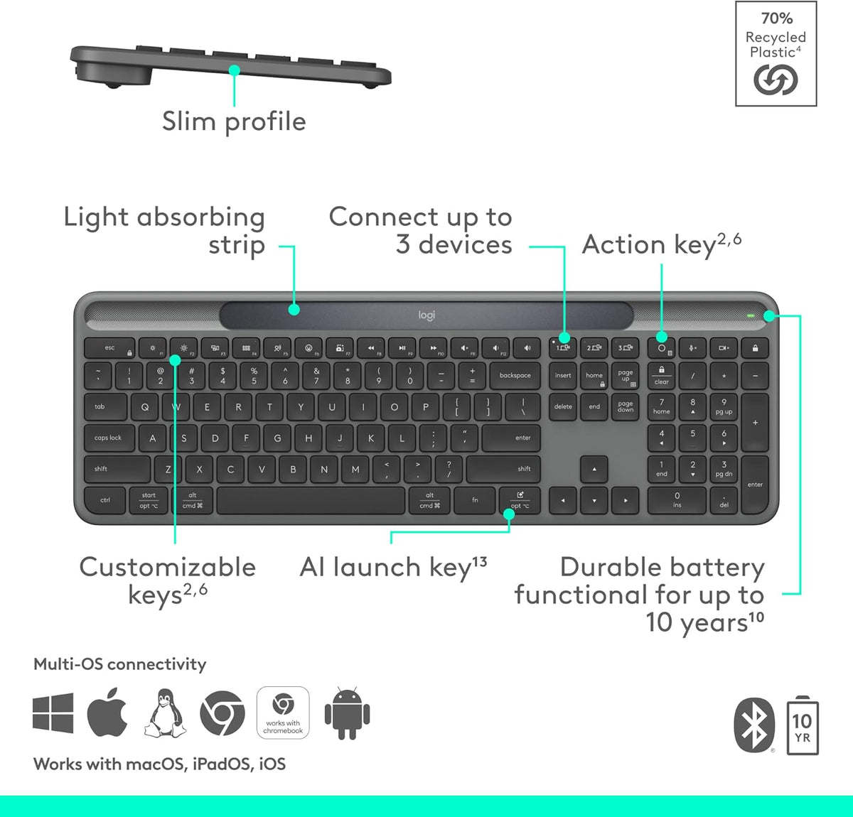 Logitech Signature Slim Solar+ K980 Teclado inalámbrico Bluetooth -...