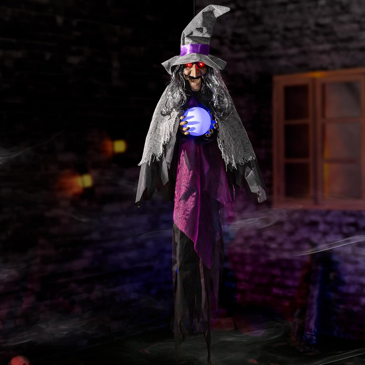 Decoraciones animatrónicas de Halloween, bruja que habla colgante,...