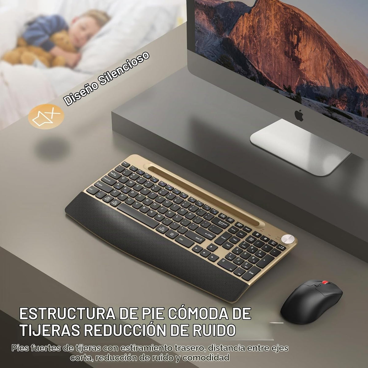 GAMCATZ Juego de teclado y mouse inalámbrico ergonómico con reposa...