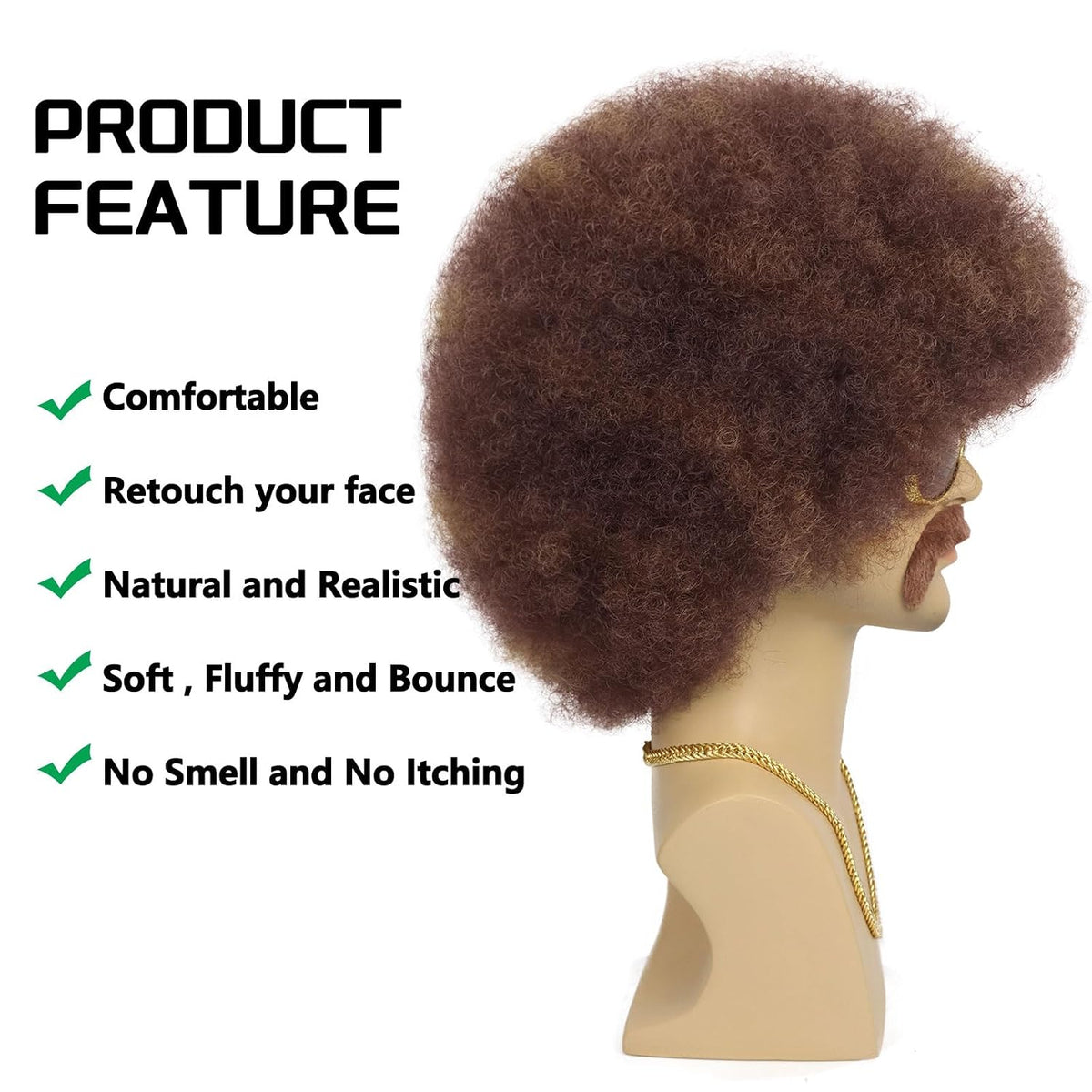 G&amp;T Wig Peluca afro de los años 70 para hombre con cadena de ga...