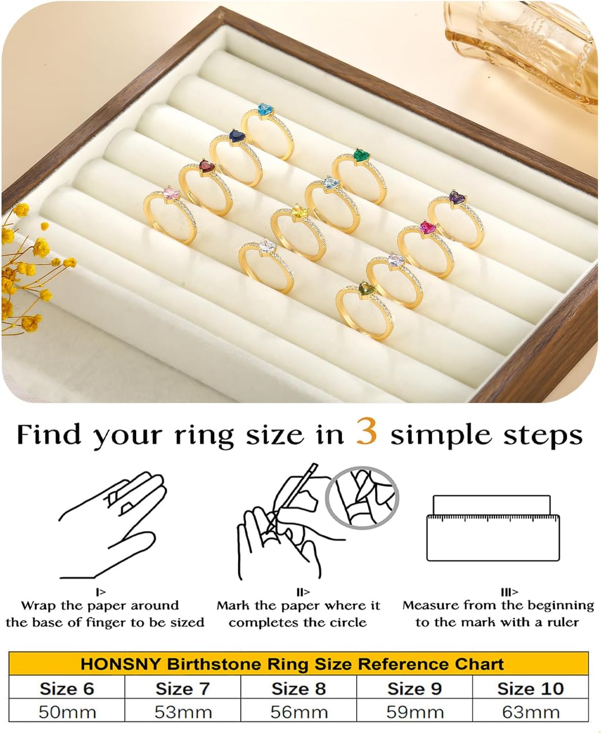 Honsny Anillos de oro con piedra natal de corazón para mujer, no se...