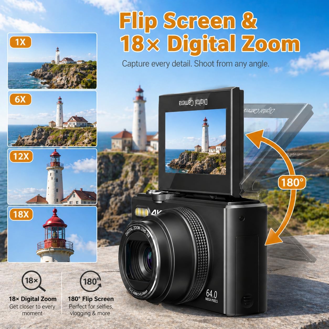 Cámara digital 4K para fotografía, cámara de vlogging de 64MP para...