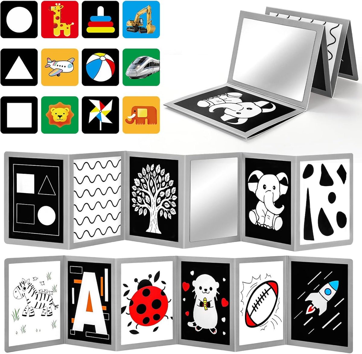 AJsupojouet Libro de bebé de alto contraste, 12 tarjetas flash y es...