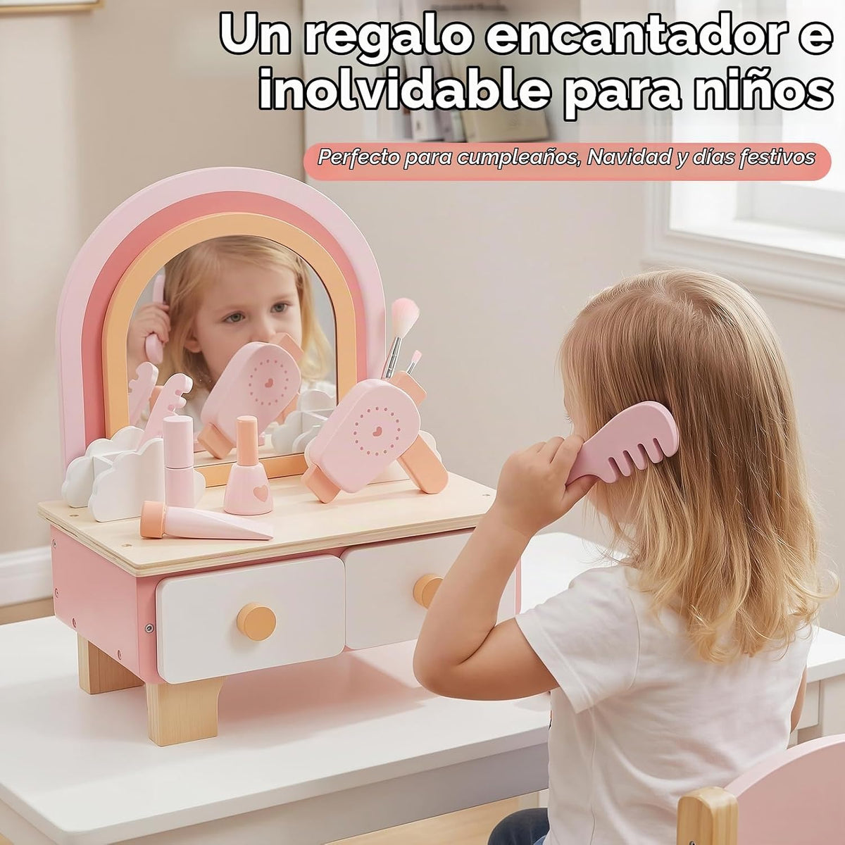Juego de tocador de madera para niños, juego de simulación con espe...