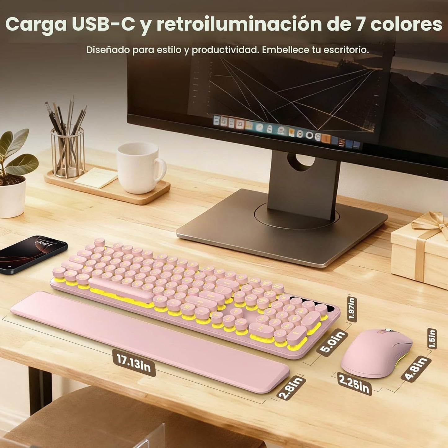 Combo de teclado y mouse inalámbricos, teclas redondas retroilumina...