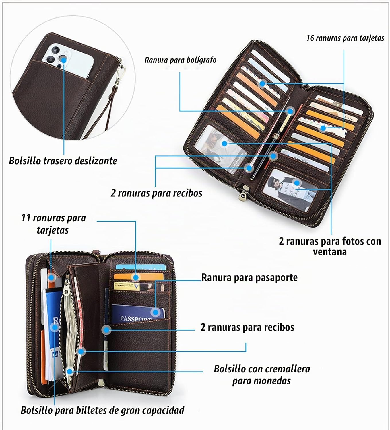 Billetera de cuero genuino de grano superior con correa de muñeca p...