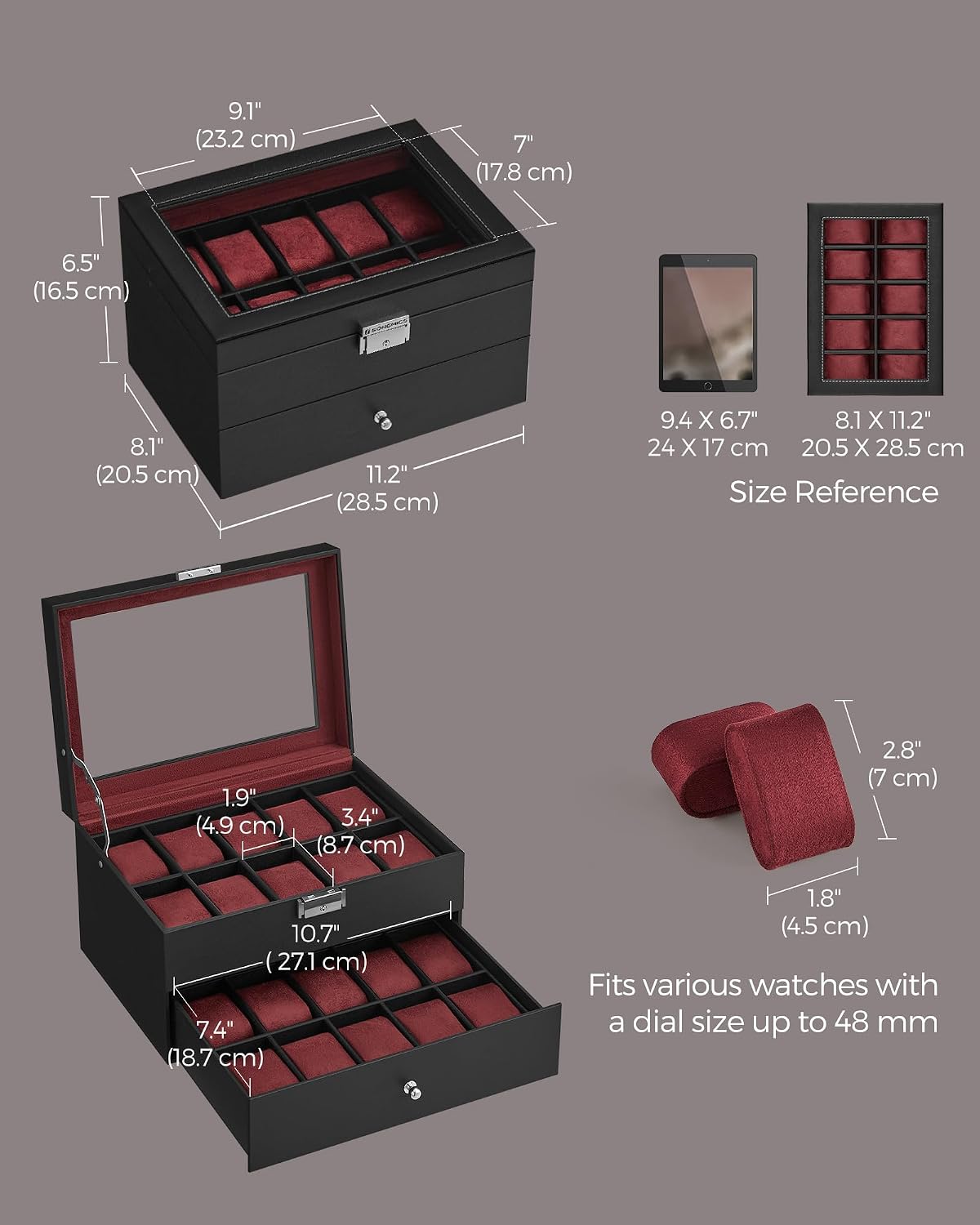 SONGMICS - Caja de reloj con 20 ranuras, 2 capas, tapa de cristal,...