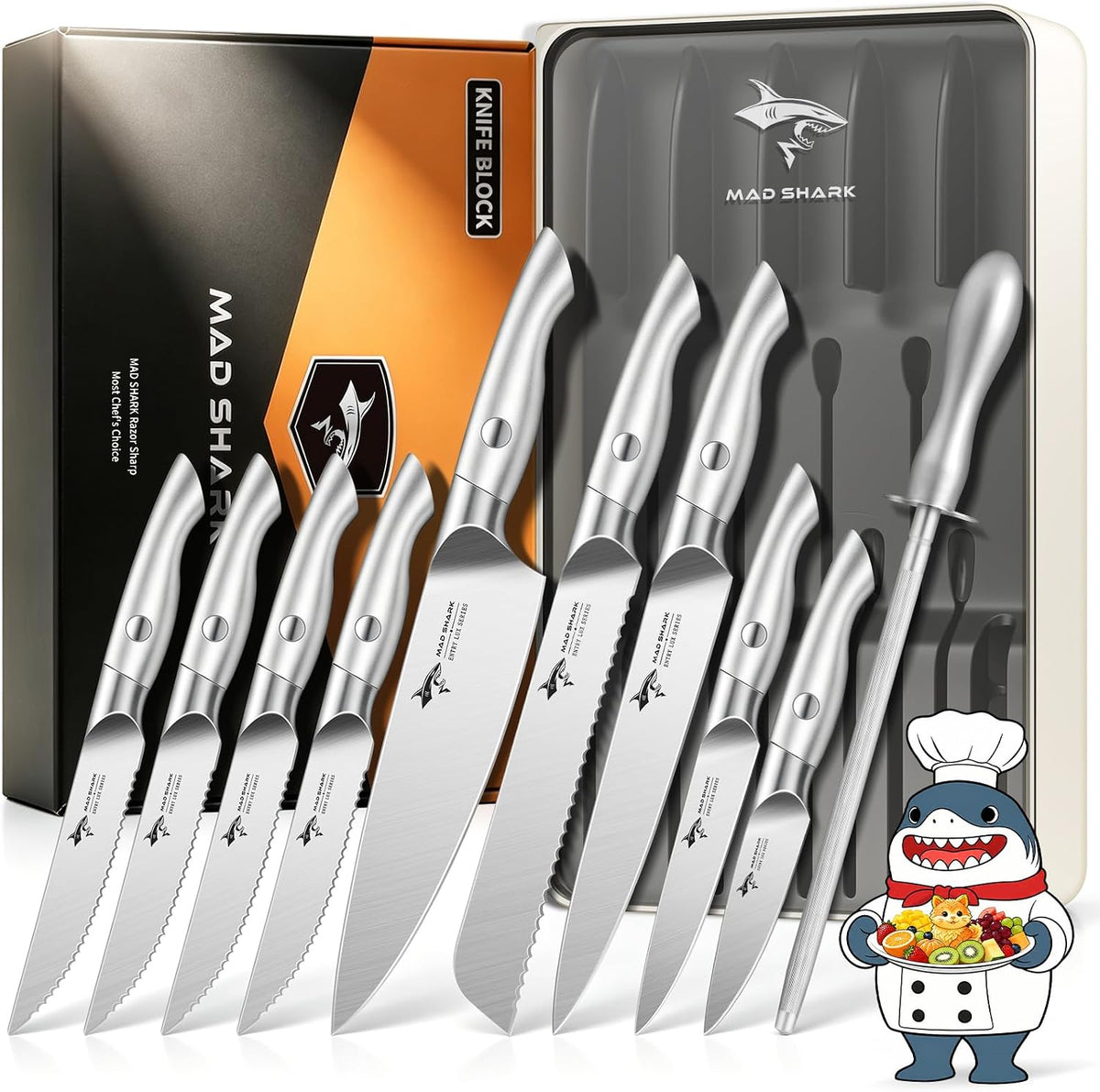Mad Shark - Juego de cuchillos de cocina de 11 piezas con bloque, c...