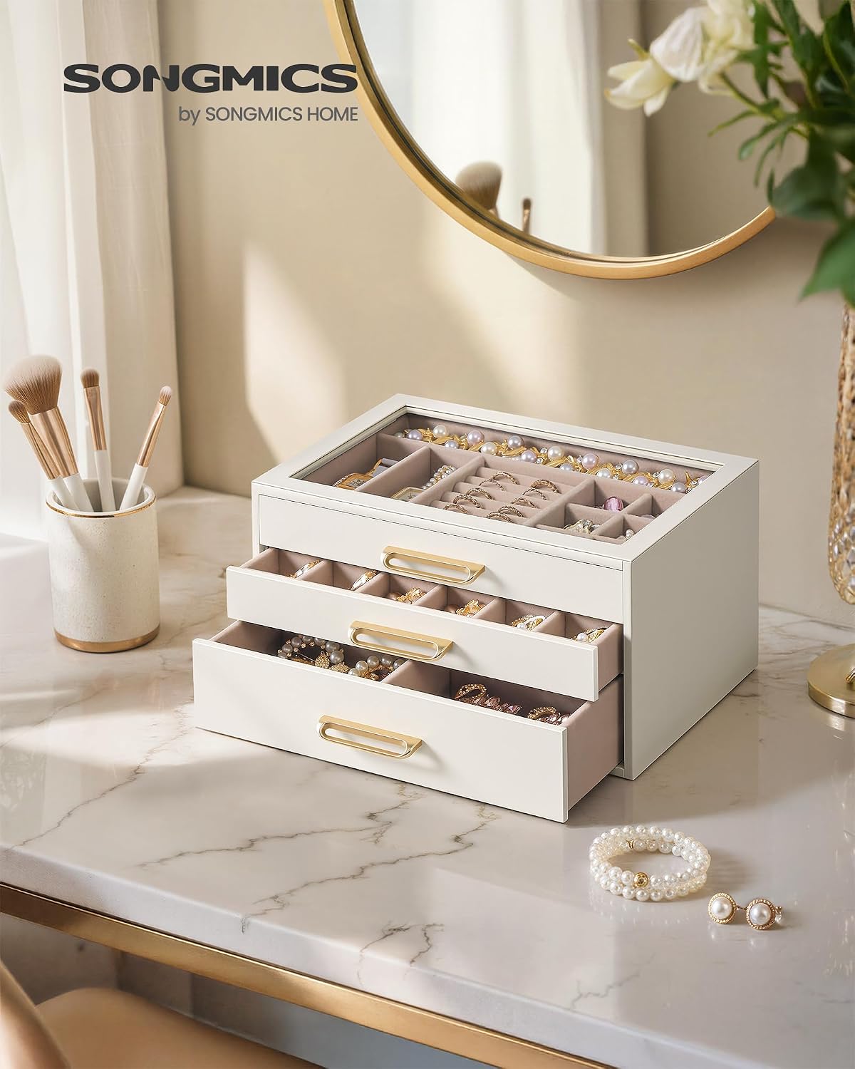 SONGMICS Joyero de 3 capas con ventana de cristal, organizador de a...