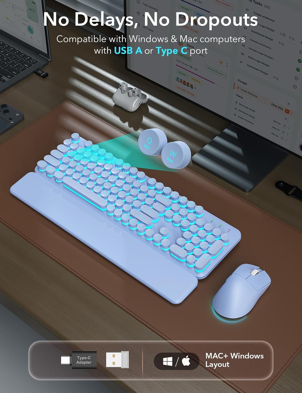Teclado inalámbrico y mouse retroiluminados, teclado de máquina de...