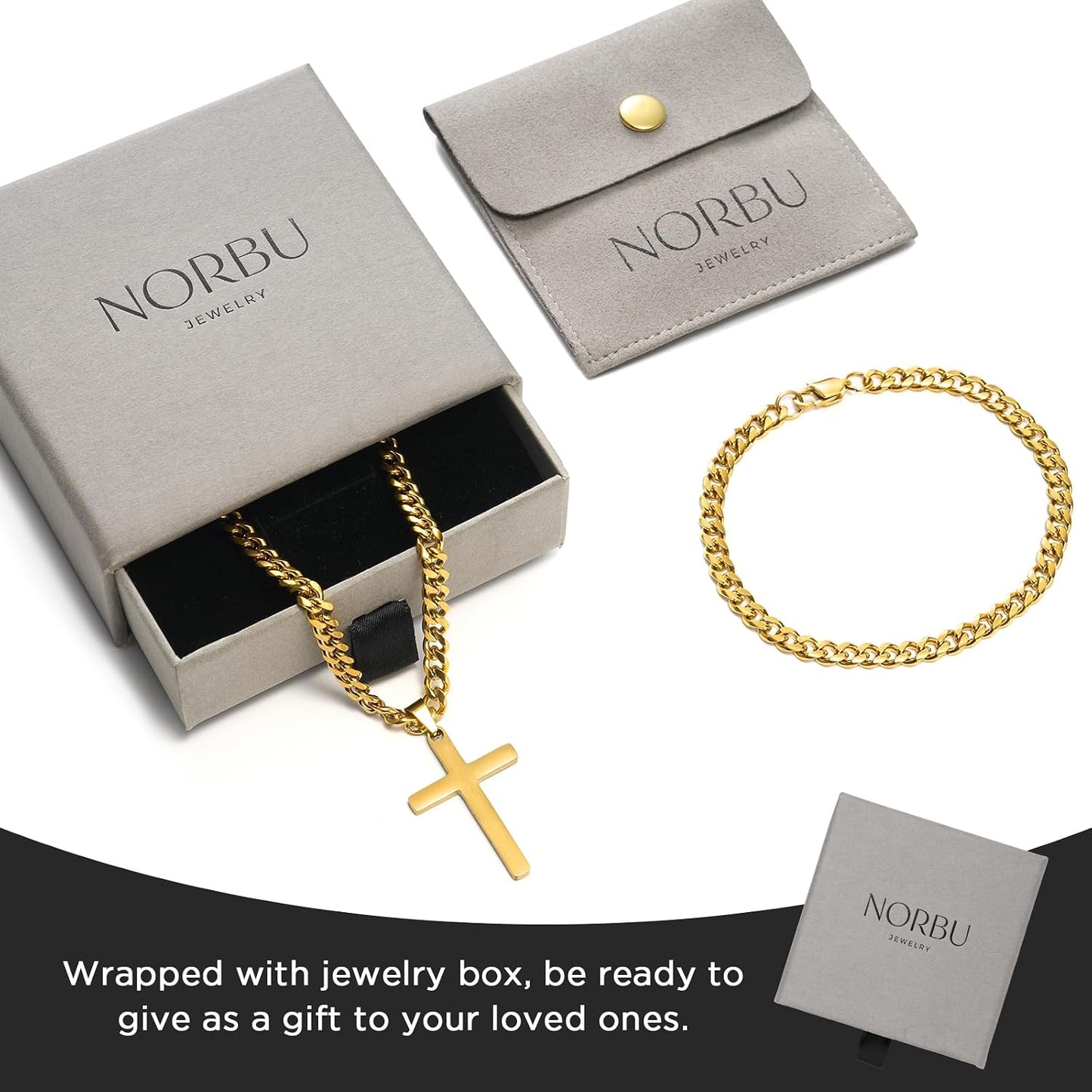 NORBU Juego de collar y pulsera de cruz de acero inoxidable para ho...