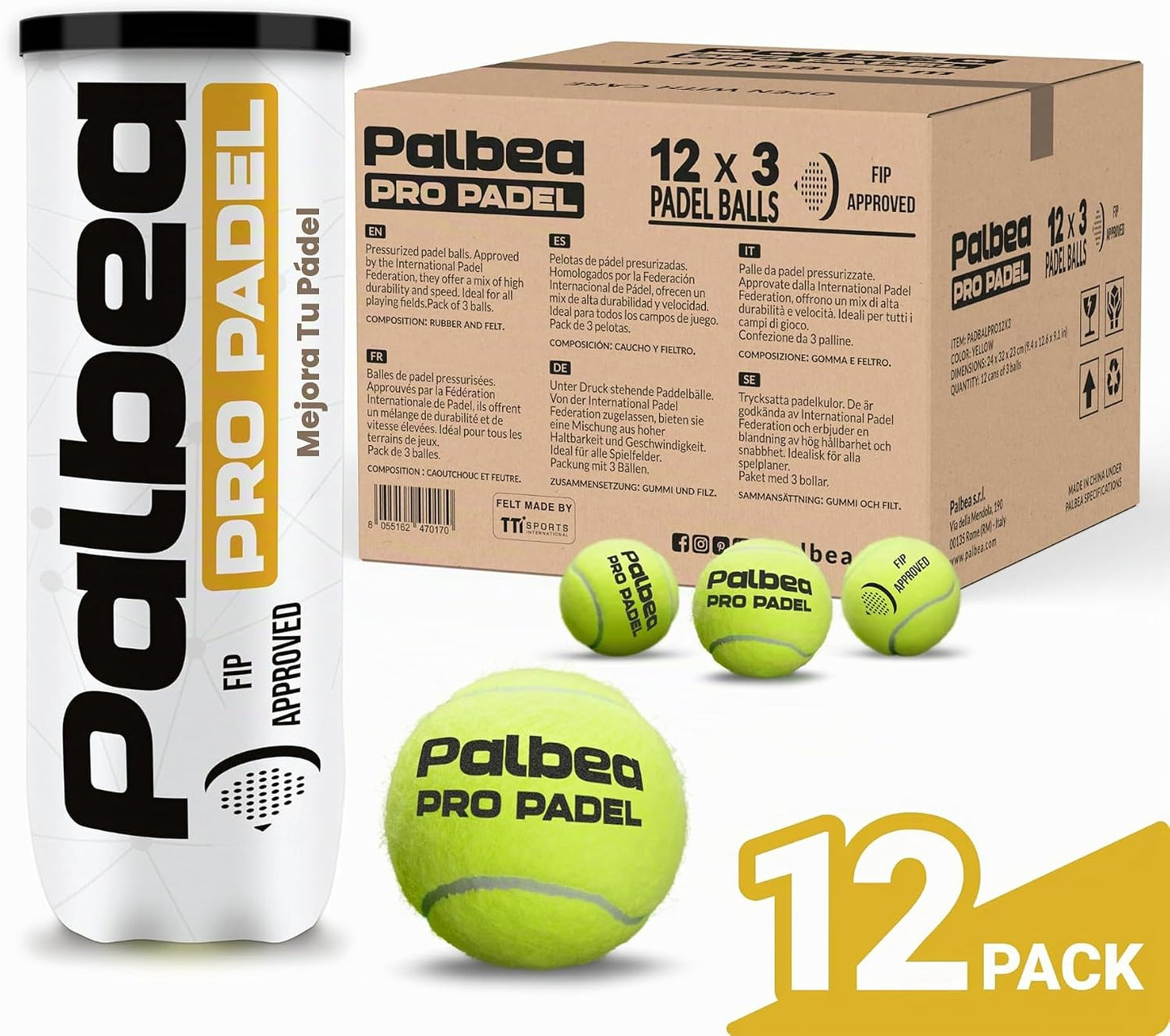 Palbea Pelotas de Padel PRO. 6\/12\/24 Tubos de 3 Pelotas de Pádel...