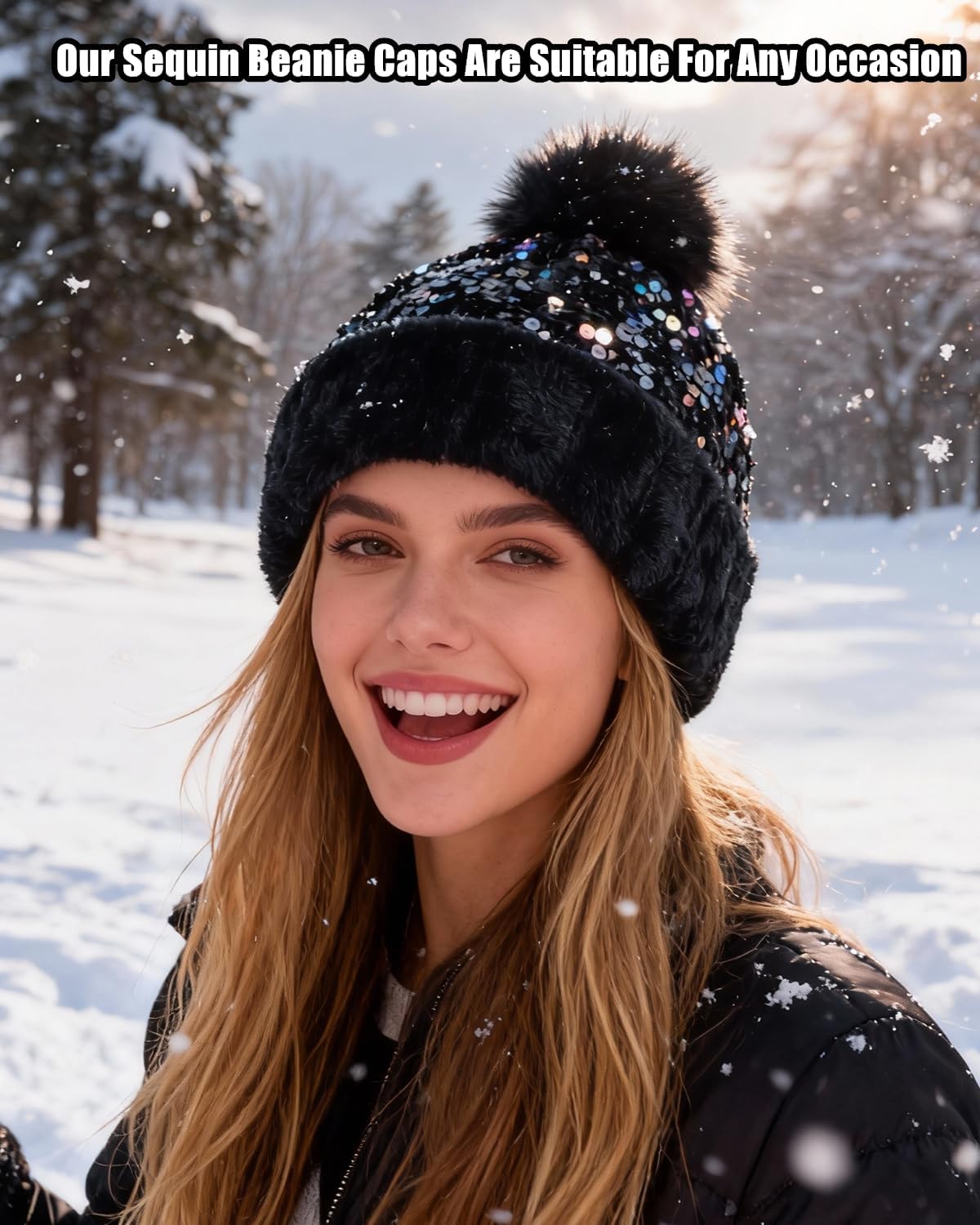 LEOMOSTE Gorro de invierno con lentejuelas para mujer y niña, con p...