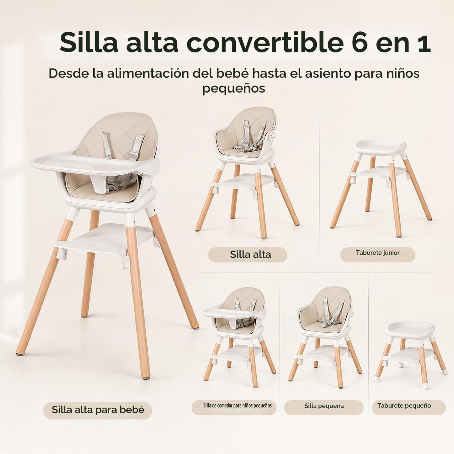 DDIOYIUR Silla alta convertible 6 en 1 para bebé, patas de madera d...