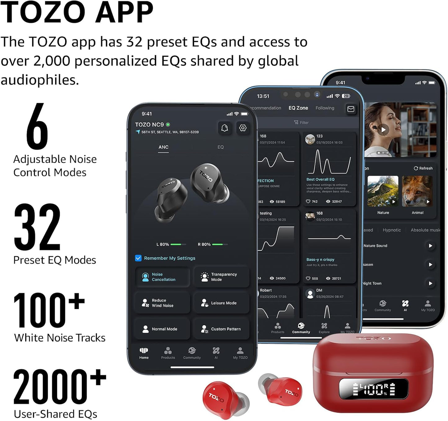 TOZO NC9 Auriculares inalámbricos híbridos con cancelación activa d...