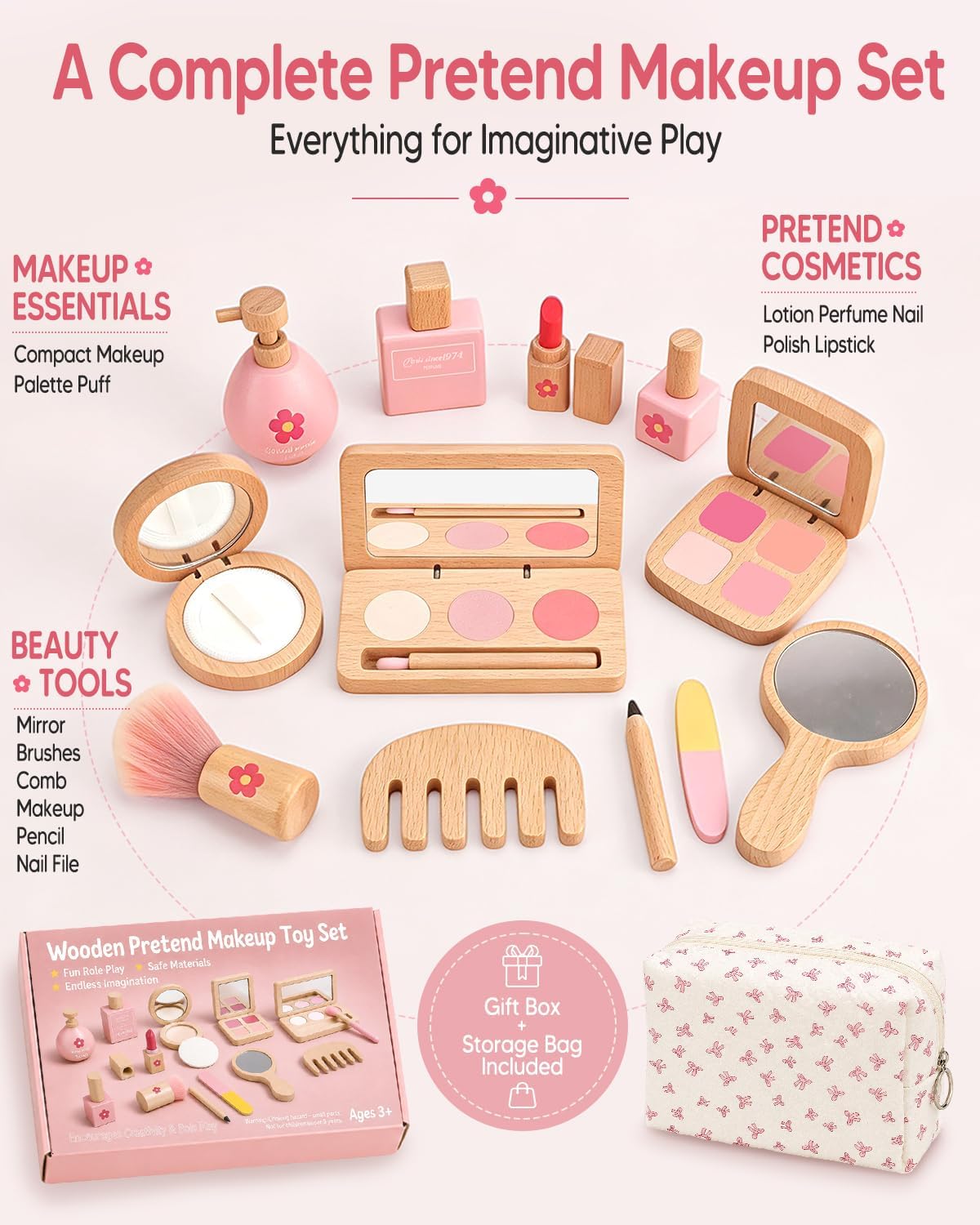 Kit de maquillaje de madera para niñas de 3 a 5 años, juego de maqu...