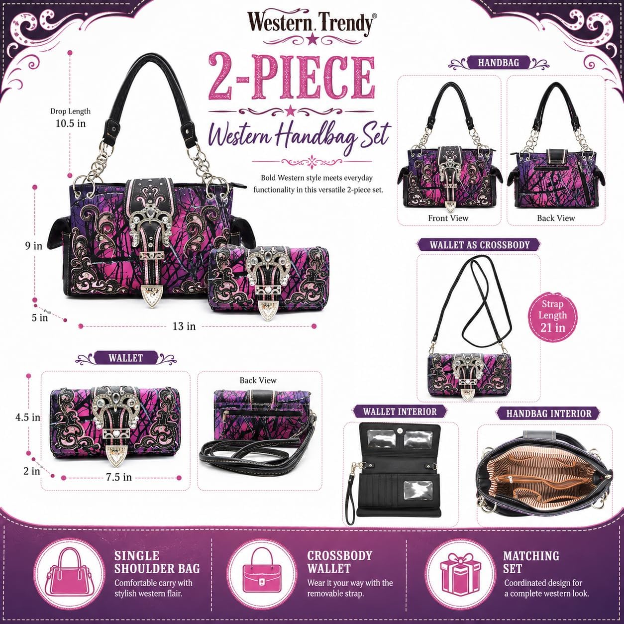 Bolso estilo occidental con hebilla de corona camuflaje, brillo flo...