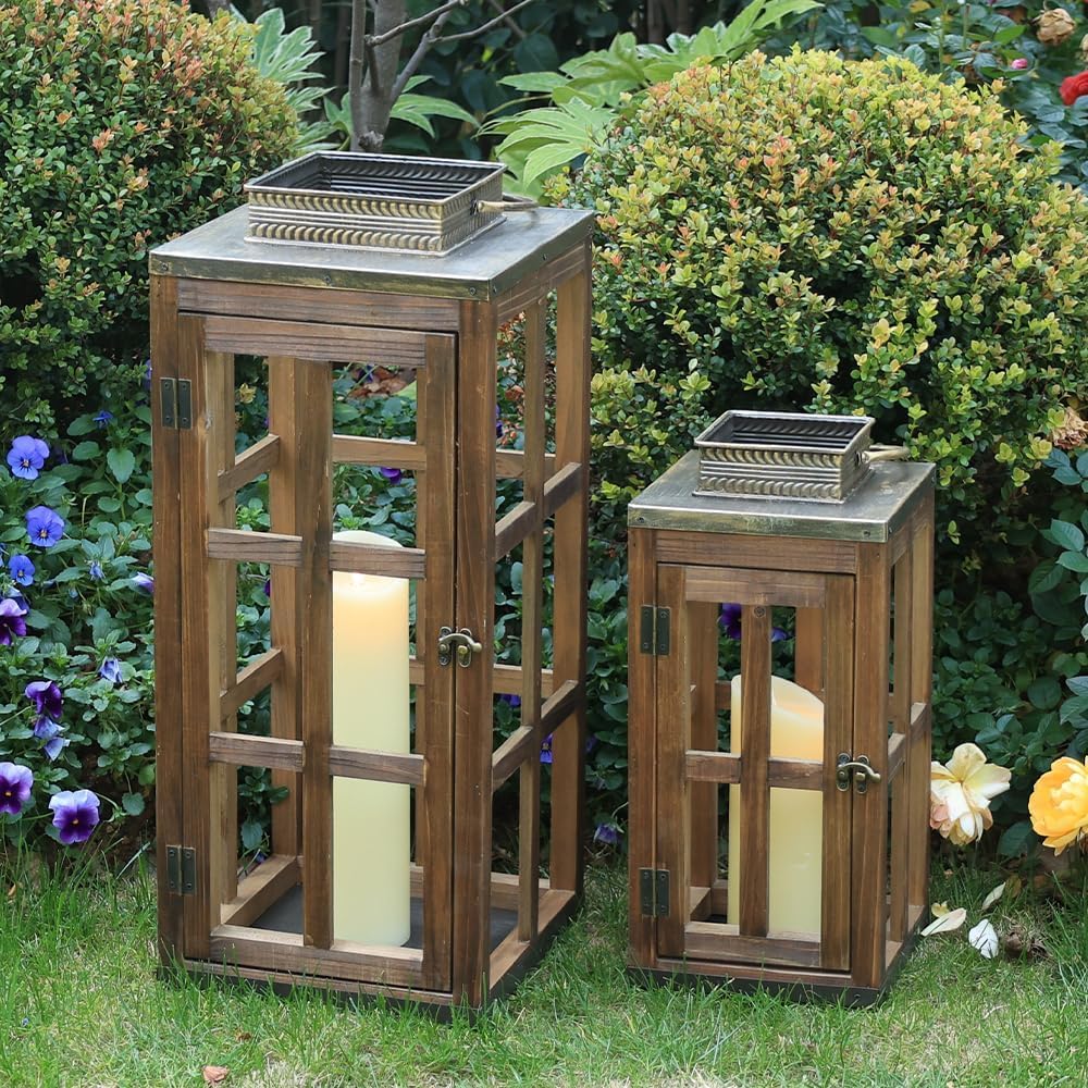 DECORKEY Juego de 2 faroles de metal de madera grandes de granja, 2...