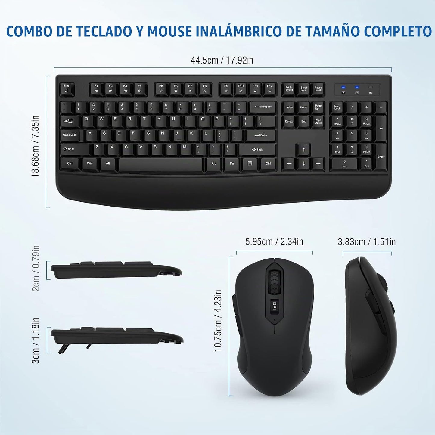Combo de teclado y mouse inalámbricos de tamaño completo 2.4GHz con...
