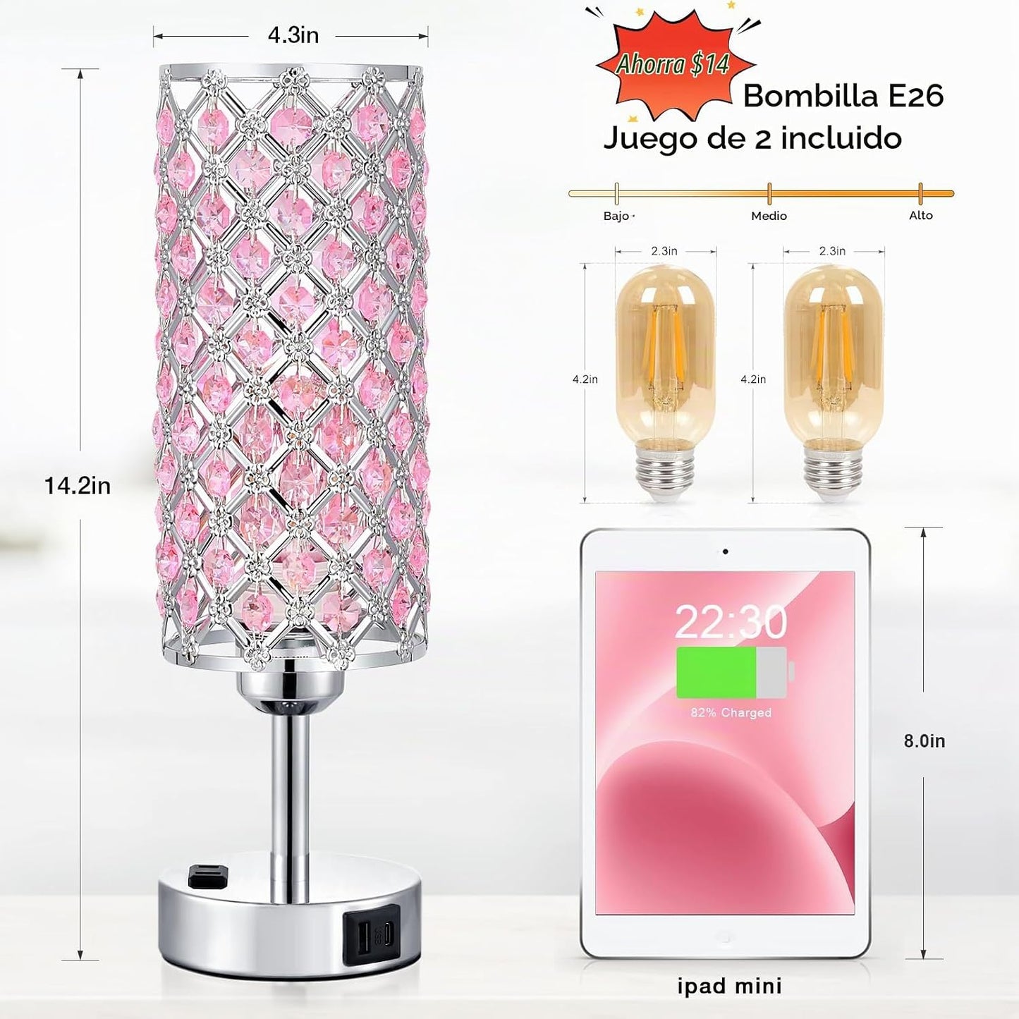 Juego de 2 lámparas de cristal rosa, lámpara táctil regulable de 3...