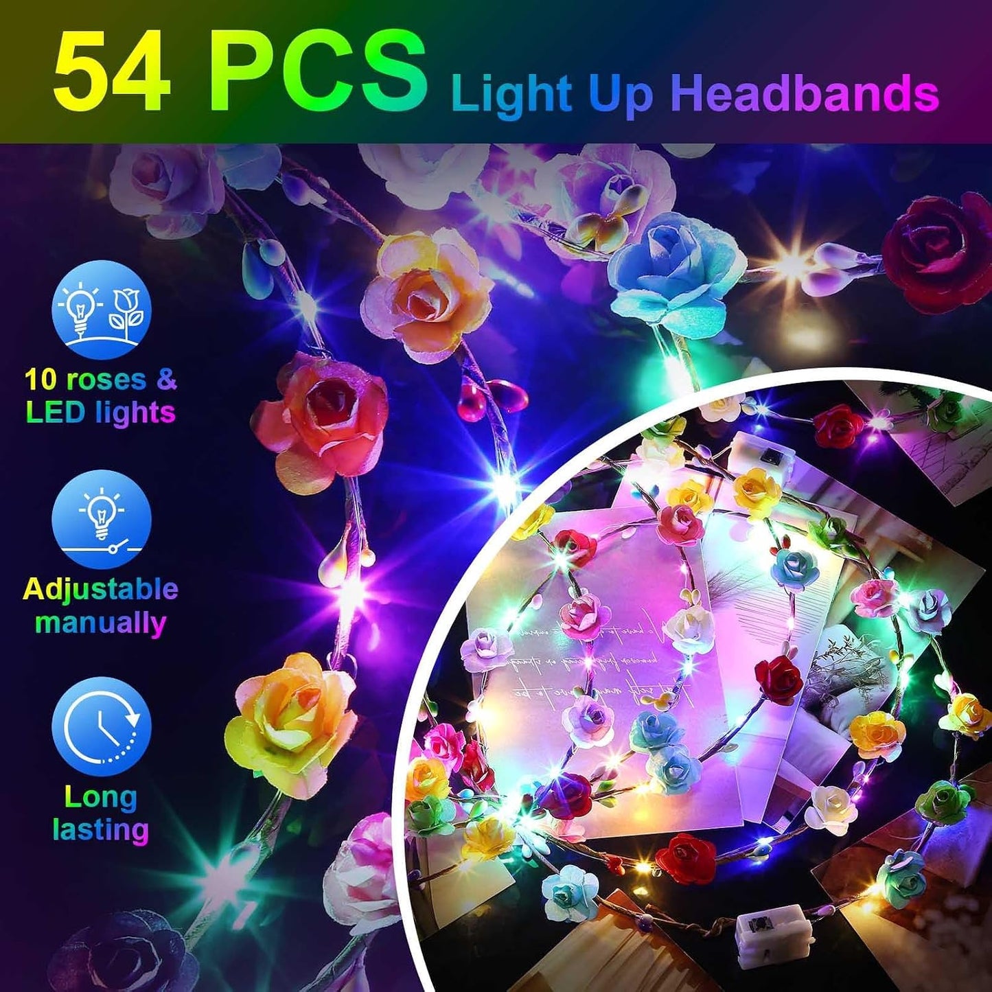 HONLYNE 54 PCS Coronas de Flores LED Diademas, Coronas de Flores Il...