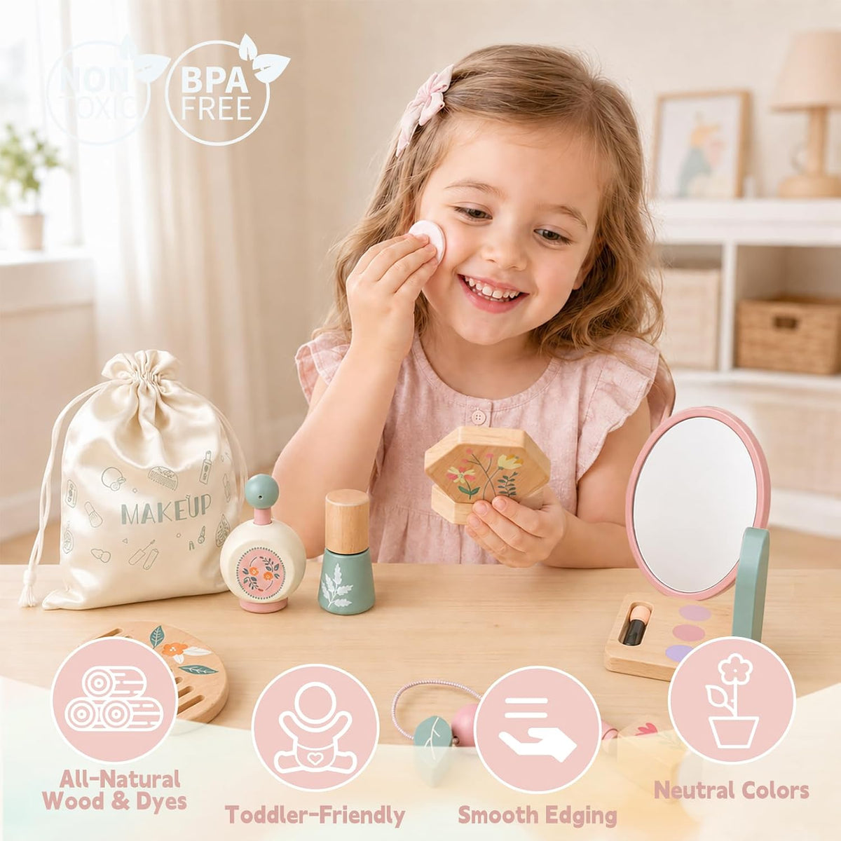 Kit de maquillaje de madera para niñas de 3 a 6 años, juego de maqu...
