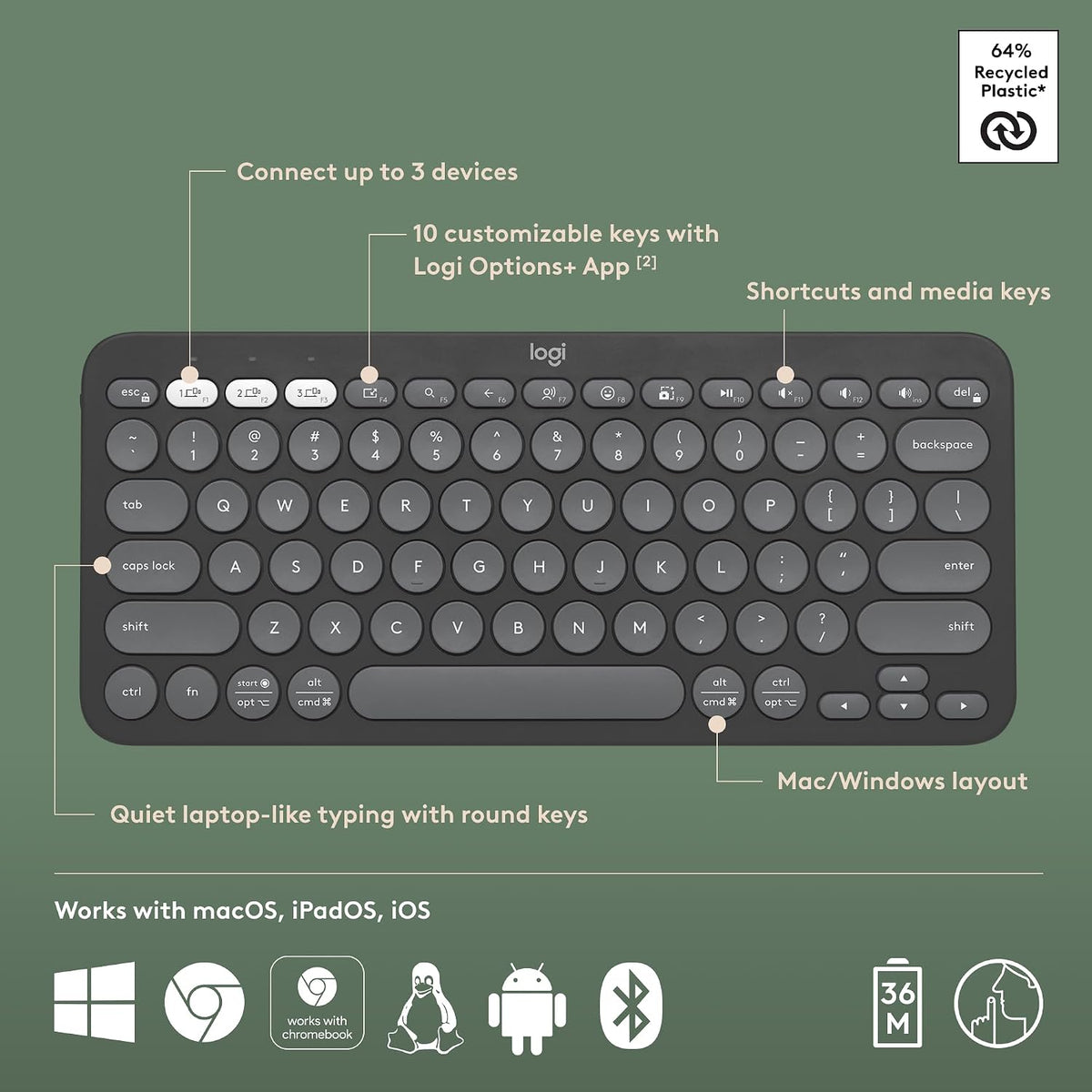 Logitech Pebble Keys 2 K380s Teclado inalámbrico Bluetooth - Grafit...