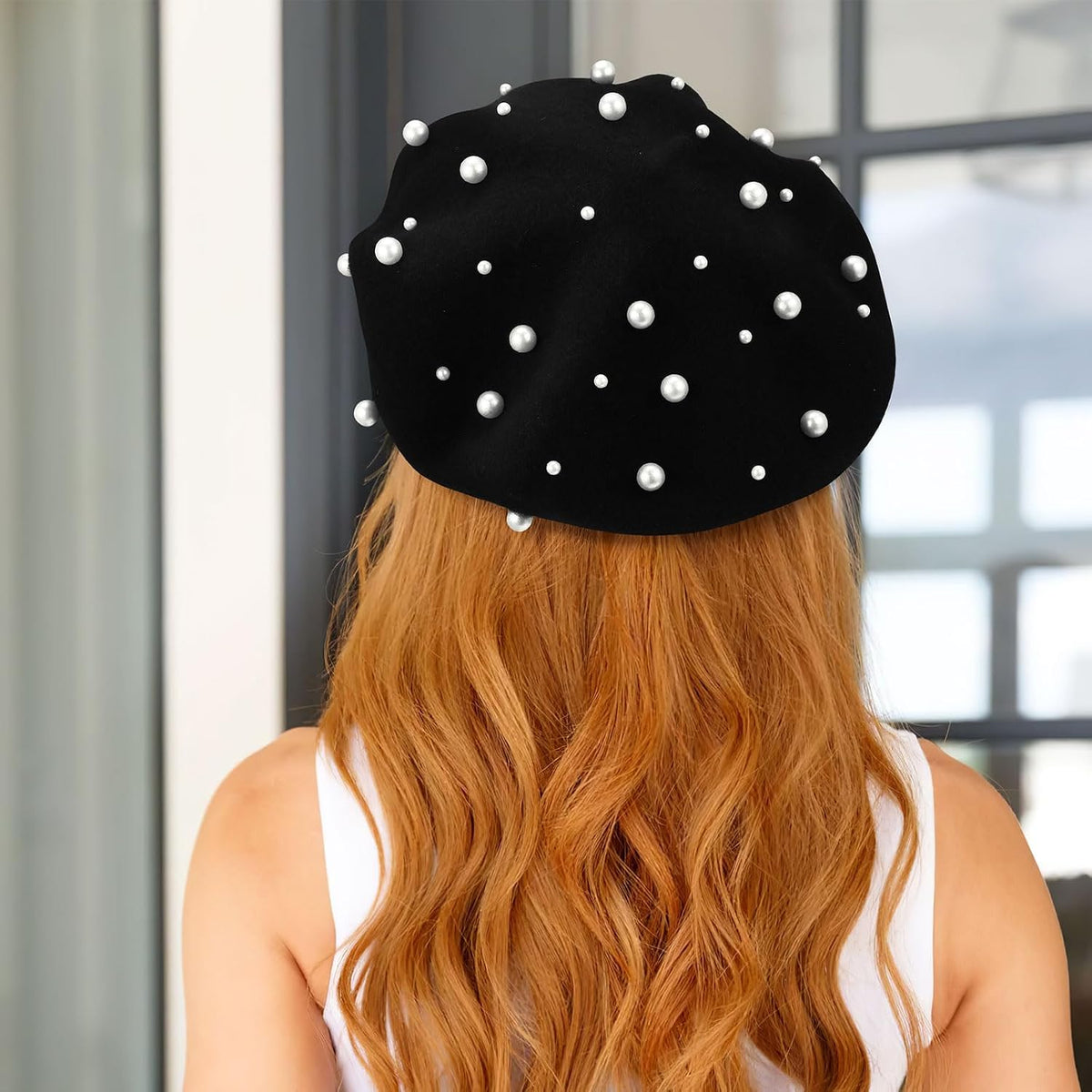 Boina negra para mujer, sombrero clásico de perla, boina francesa p...