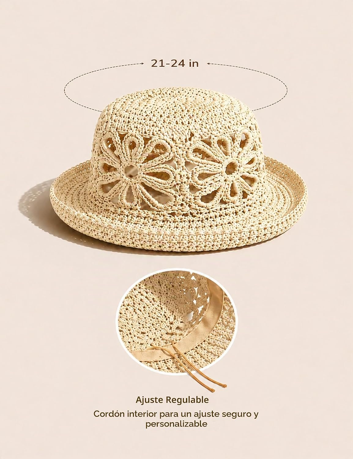 Sombrero de paja de ganchillo vintage para mujer, sombrero de pesca...