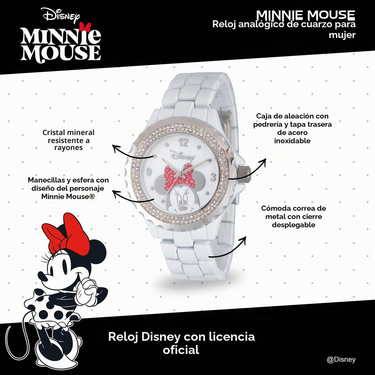 Reloj Disney Minnie Mouse para mujer, diseño clásico de Minnie Mous...