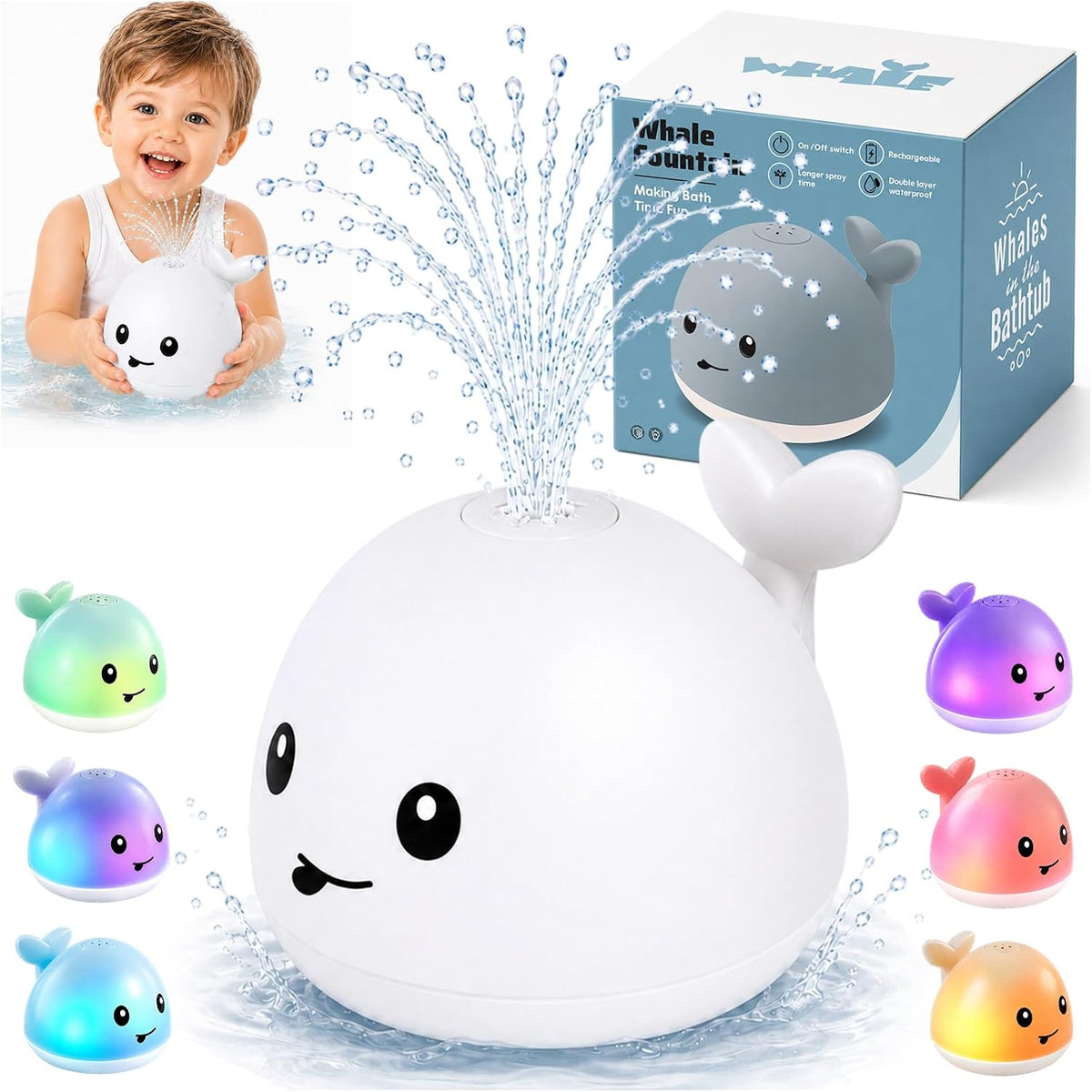 Gigilli Rociador de juguete de baño de ballena iluminado, juguetes...