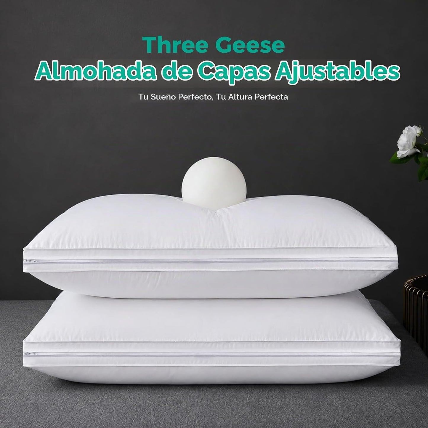 Three Geese - Juego de 2 almohadas de plumas de ganso ajustables de...