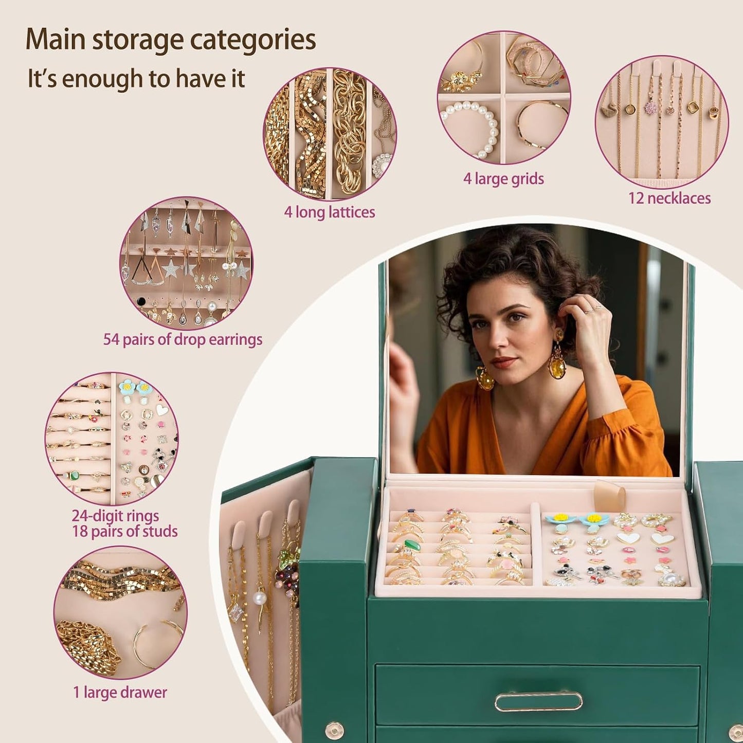 ASINGYER Cajas de Joyería para Mujeres, Organizador de Joyas de 4 C...