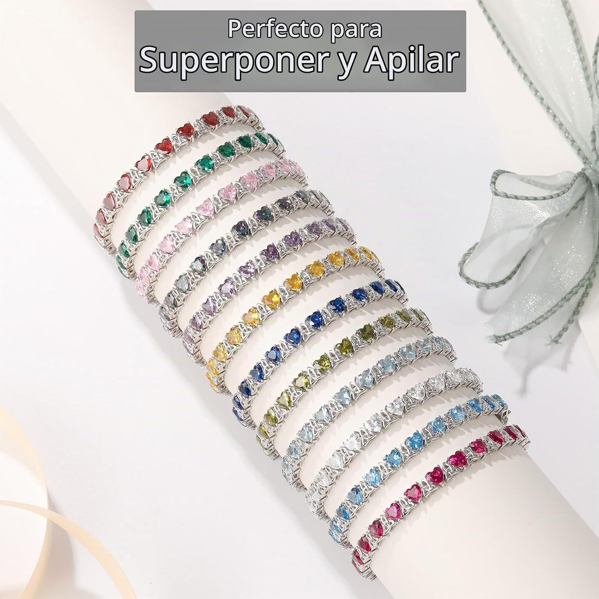ETERMBOL Pulseras de tenis con piedra natal para mujer, plata de le...