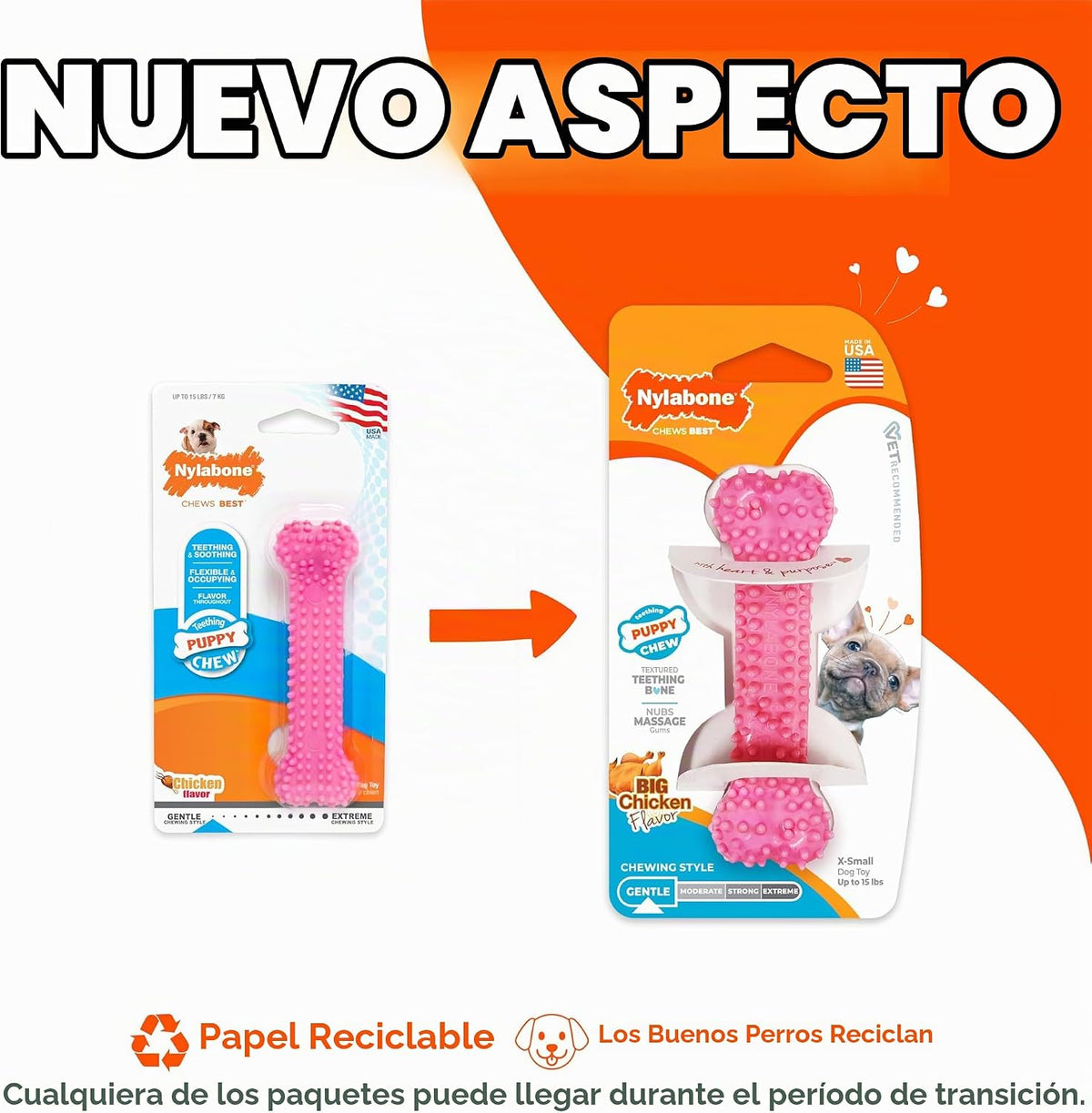 Nylabone Puppy Chew Pink - Hueso de perro con textura para dentició...